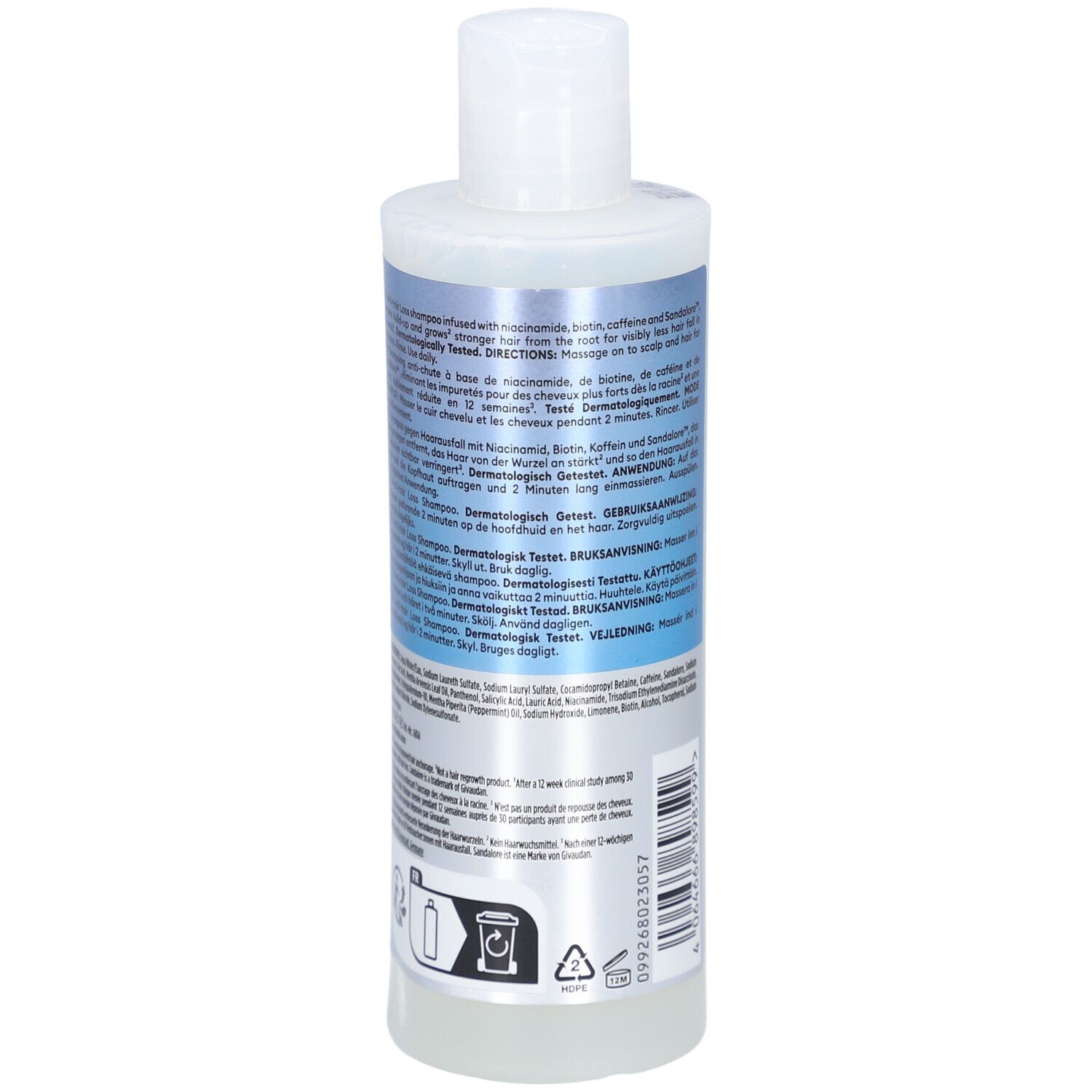 Rückseite der Nioxin Shampoo-Flasche. Weiße Flasche mit Text. Enthält Informationen zum Produkt und Anwendung.