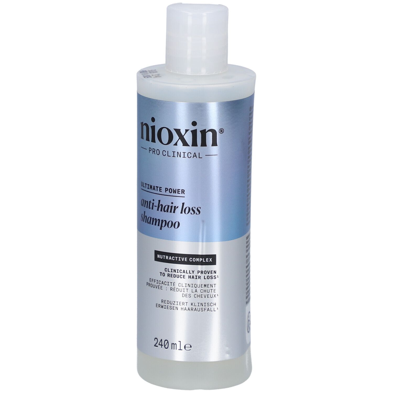 Nioxin Pro Clinical Anti-Haarausfall Shampoo. Weiße Flasche mit blau-silbernem Etikett. Text: Ultimate Power, 240 ml.