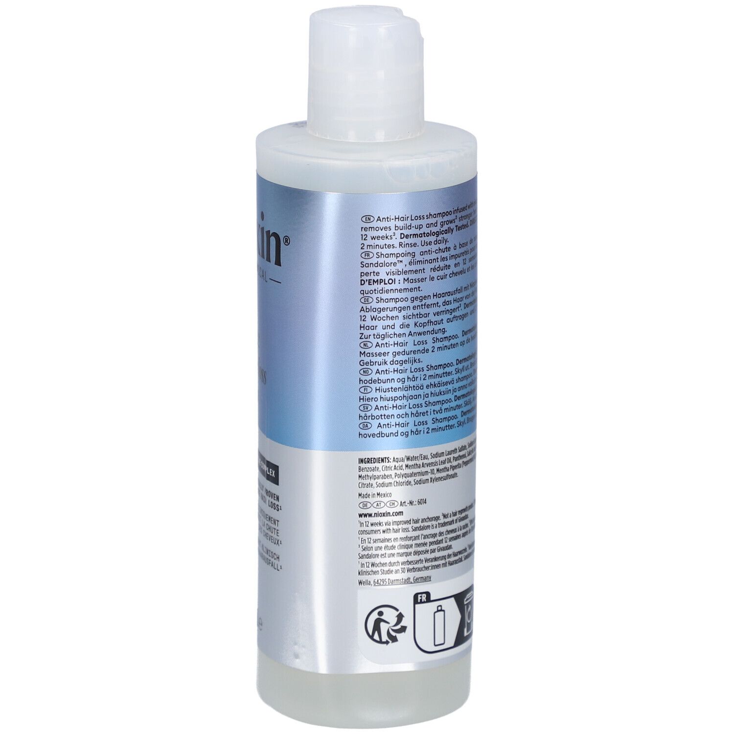 Rückseite der Nioxin Shampoo-Flasche. Weiße Flasche mit Text. Enthält Informationen zum Produkt und Anwendung.