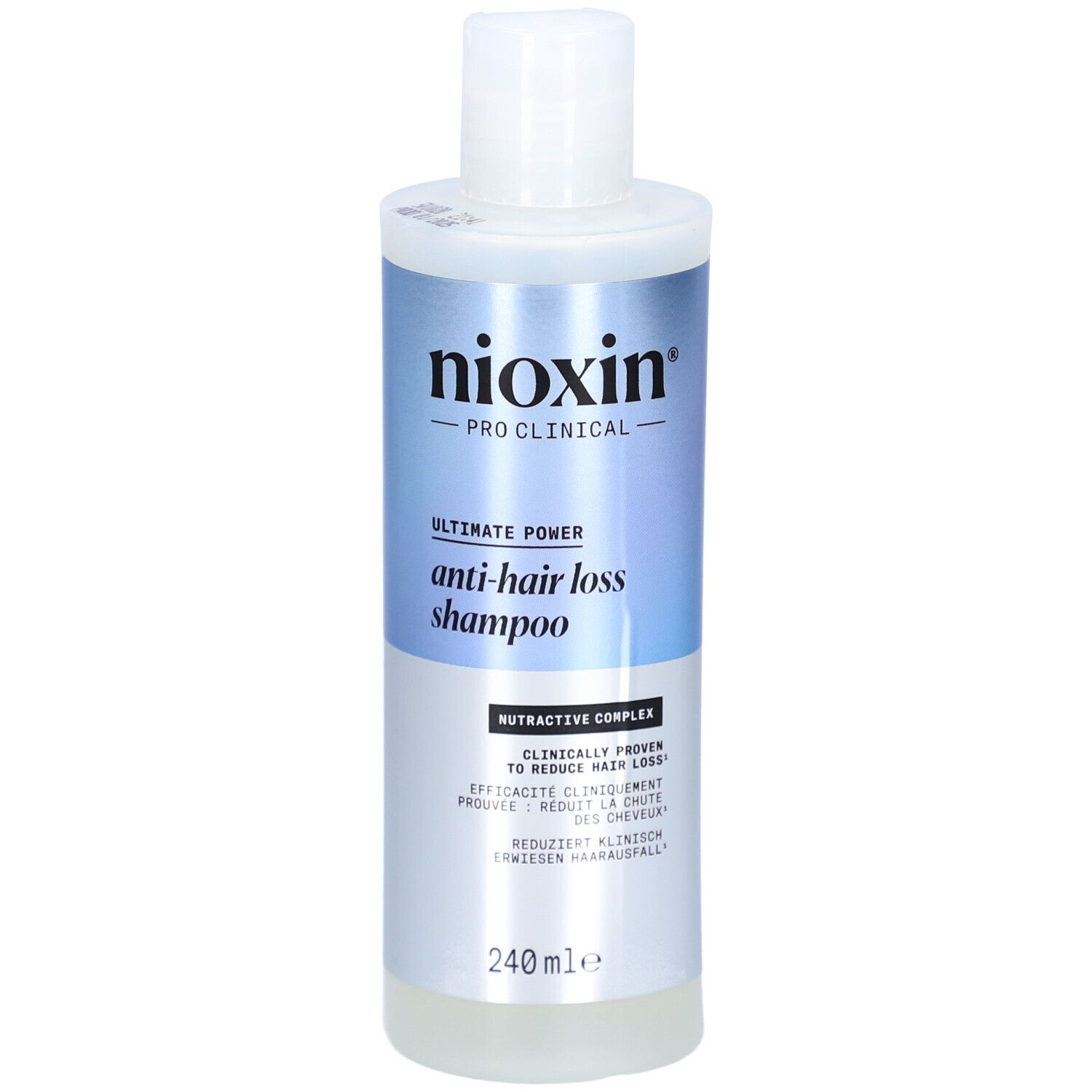 Nioxin Pro Clinical Anti-Haarausfall Shampoo. Weiße Flasche mit blau-silbernem Etikett. Text: Ultimate Power, 240 ml.