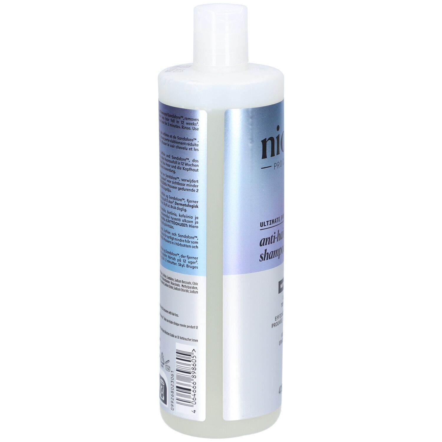 Rückseite der Nioxin Shampoo-Flasche. Enthält Text in mehreren Sprachen, darunter Informationen zur Anwendung.