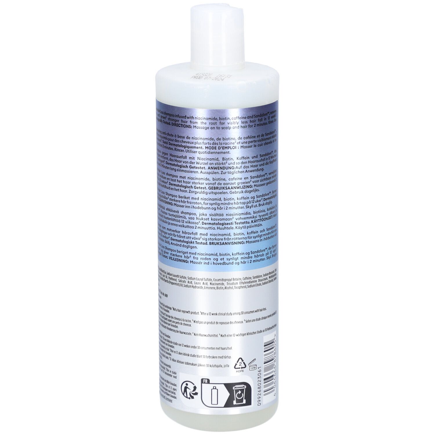Rückseite der Nioxin Shampoo-Flasche. Enthält Text in mehreren Sprachen, darunter Informationen zur Anwendung.