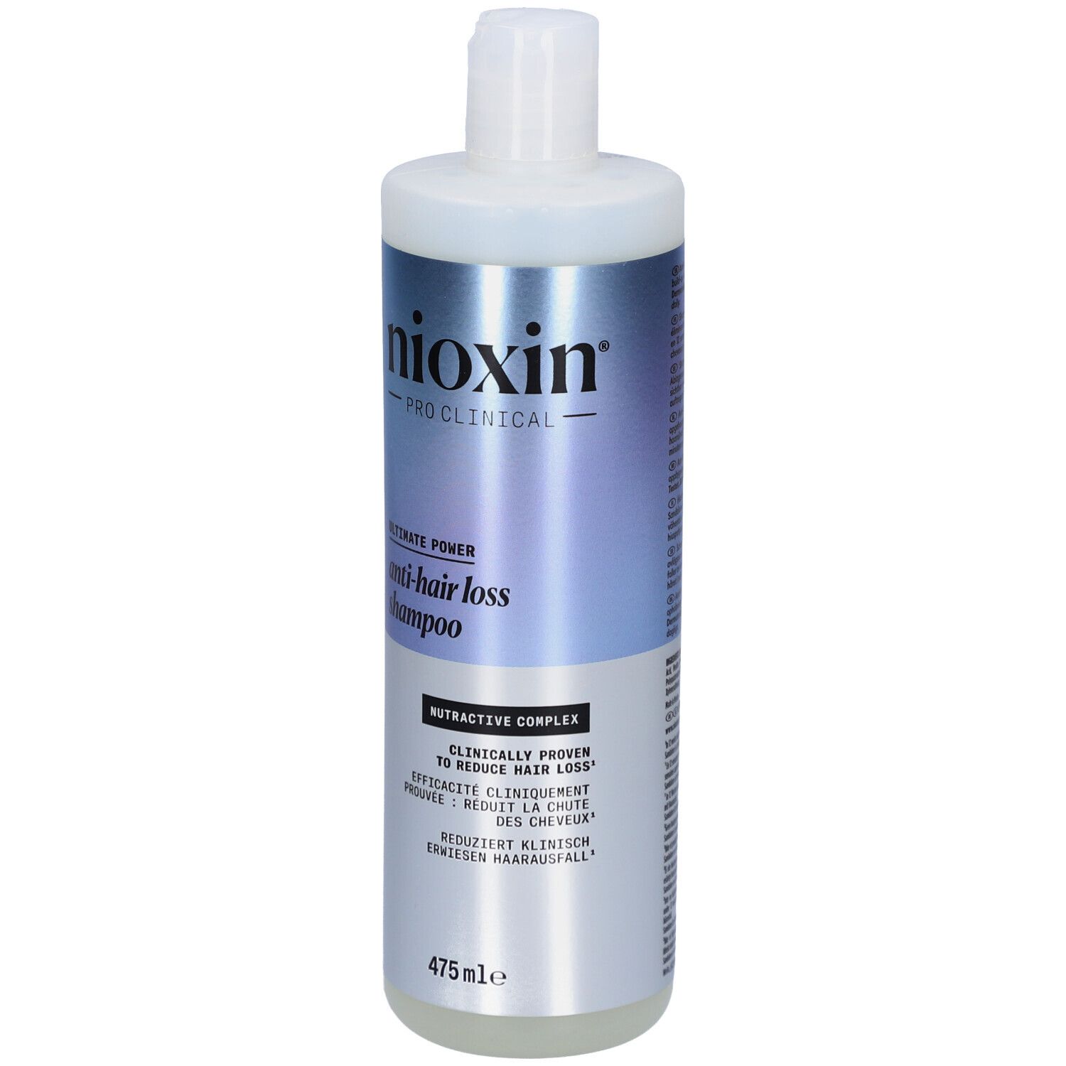 Nioxin Anti-Haarausfall Shampoo. Weiße Flasche mit blau-silbernem Etikett. Enthält Text in mehreren Sprachen.