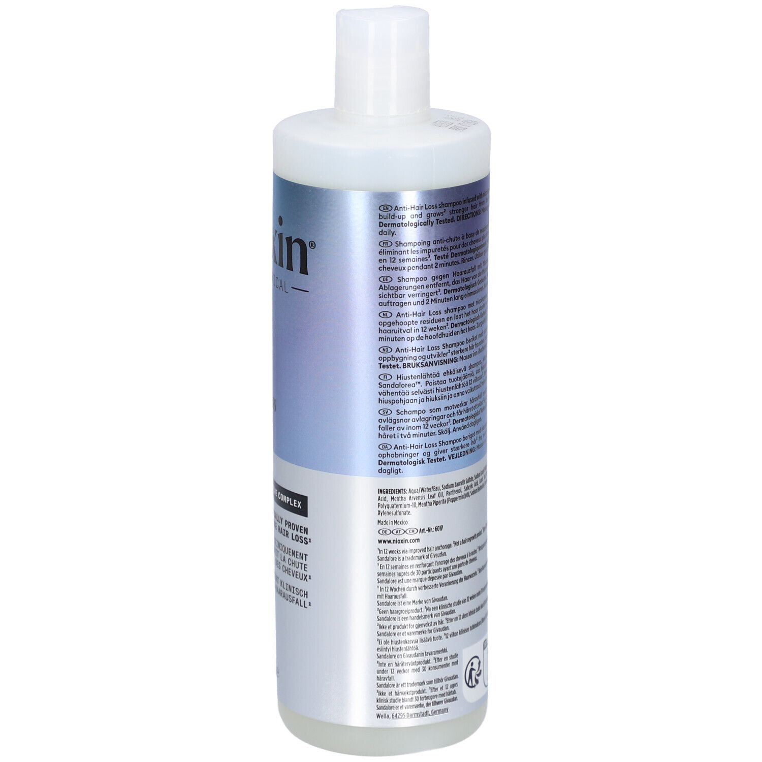 Rückseite der Nioxin Shampoo-Flasche. Enthält Text in mehreren Sprachen, darunter Informationen zur Anwendung.