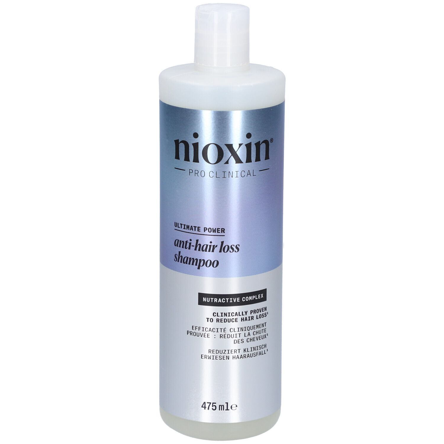 Nioxin Anti-Haarausfall Shampoo. Weiße Flasche mit blau-silbernem Etikett. Enthält Text in mehreren Sprachen.
