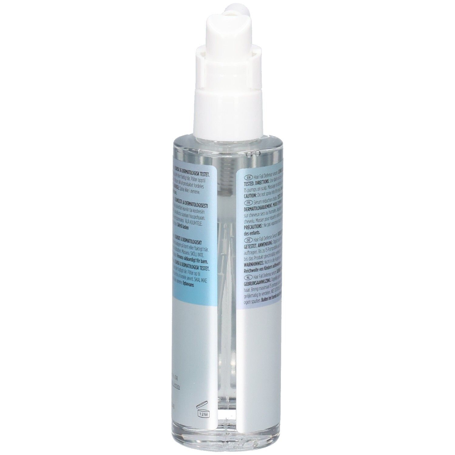 Rückansicht der Serumflasche mit Sprühkopf. Beschriftung: Nioxin, Anti-Haarausfall Serum, 70ml. Text in mehreren Sprachen.