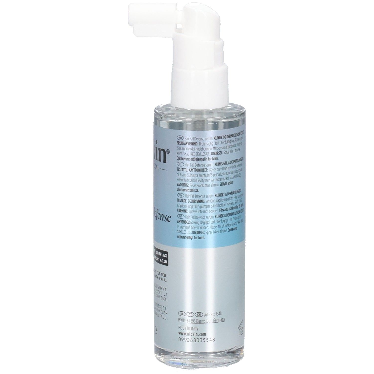 Rückansicht der Serumflasche mit Sprühkopf. Beschriftung: Nioxin, Anti-Haarausfall Serum, 70ml. Text in mehreren Sprachen.