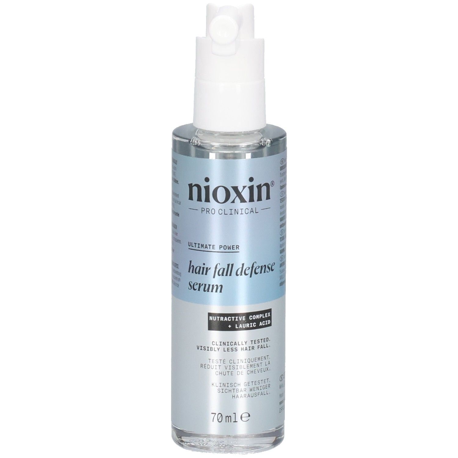 Serumflasche mit Sprühkopf. Beschriftung: Nioxin, Anti-Haarausfall Serum, 70ml. Text in mehreren Sprachen.