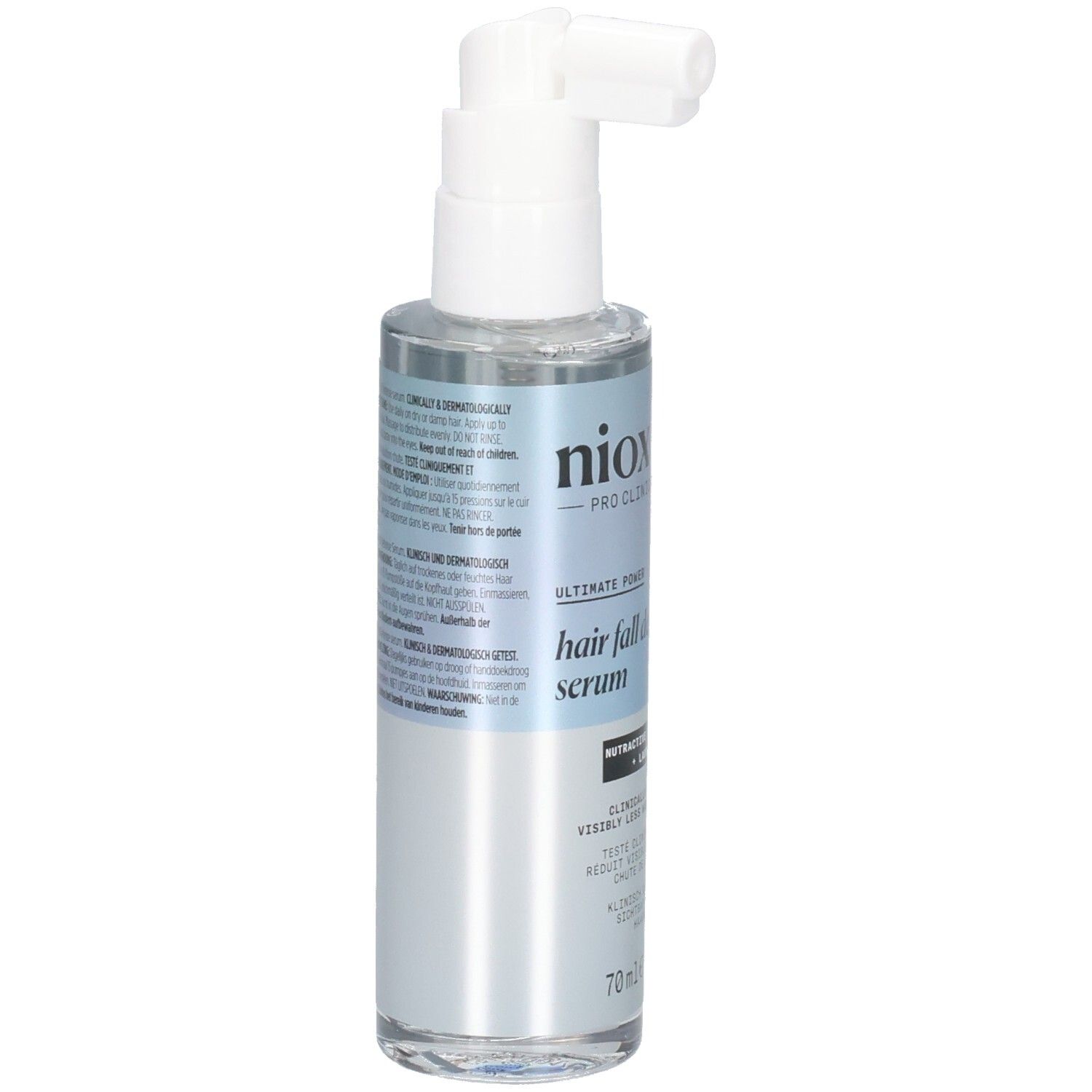 Serumflasche mit Sprühkopf. Beschriftung: Nioxin, Anti-Haarausfall Serum, 70ml. Text in mehreren Sprachen.