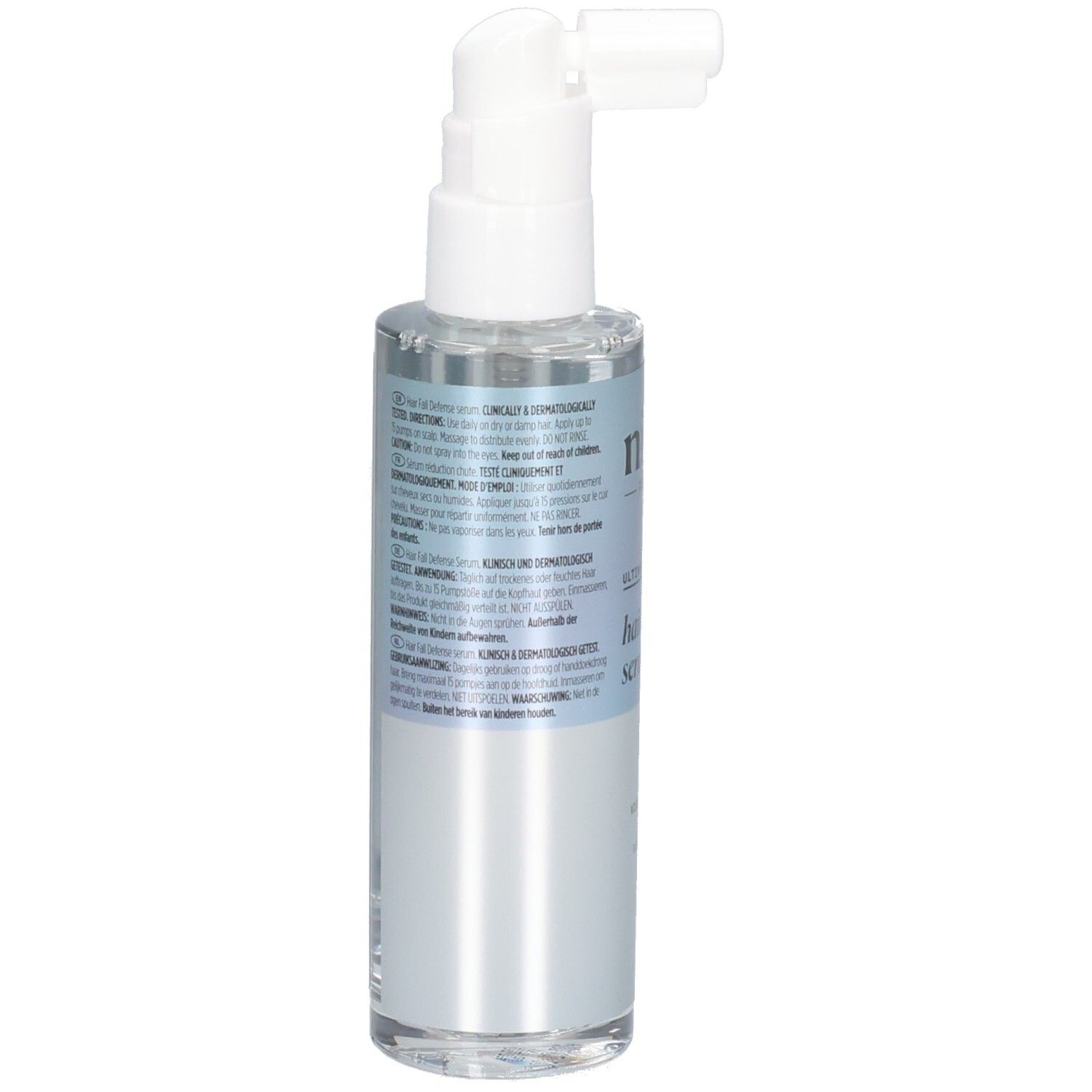 Serumflasche mit Sprühkopf. Beschriftung: Nioxin, Anti-Haarausfall Serum, 70ml. Text in mehreren Sprachen.