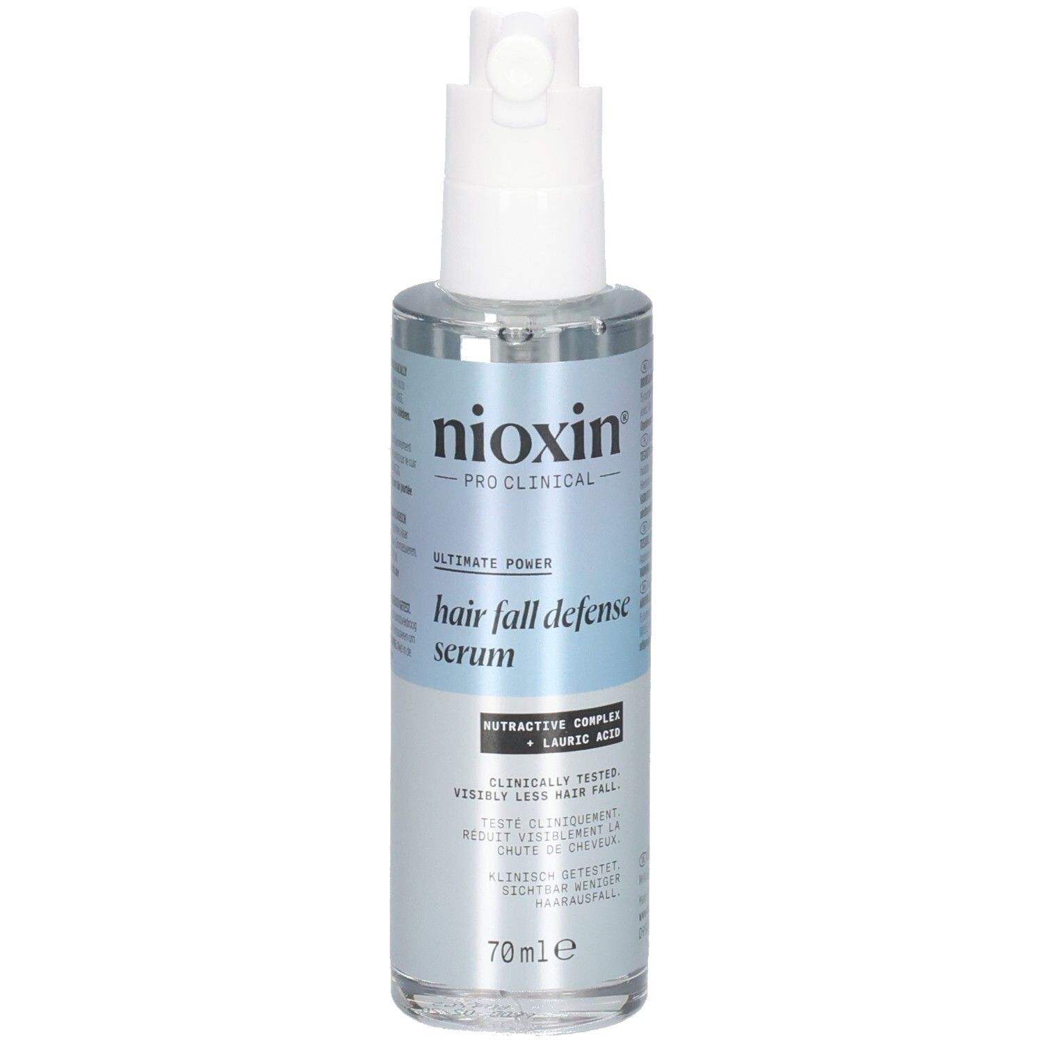 Verpackung für Anti-Haarausfall Serum. Beschriftung: Nioxin, Anti-Haarausfall Serum, 70ml. Text in mehreren Sprachen.