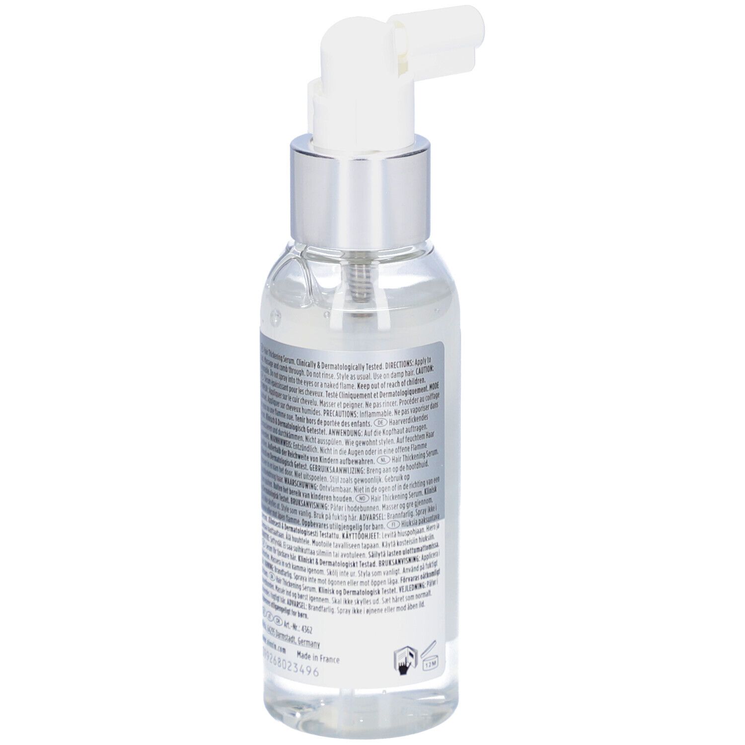 Transparente Flasche mit silbernem Sprühkopf. Rückansicht. Text auf Etikett.