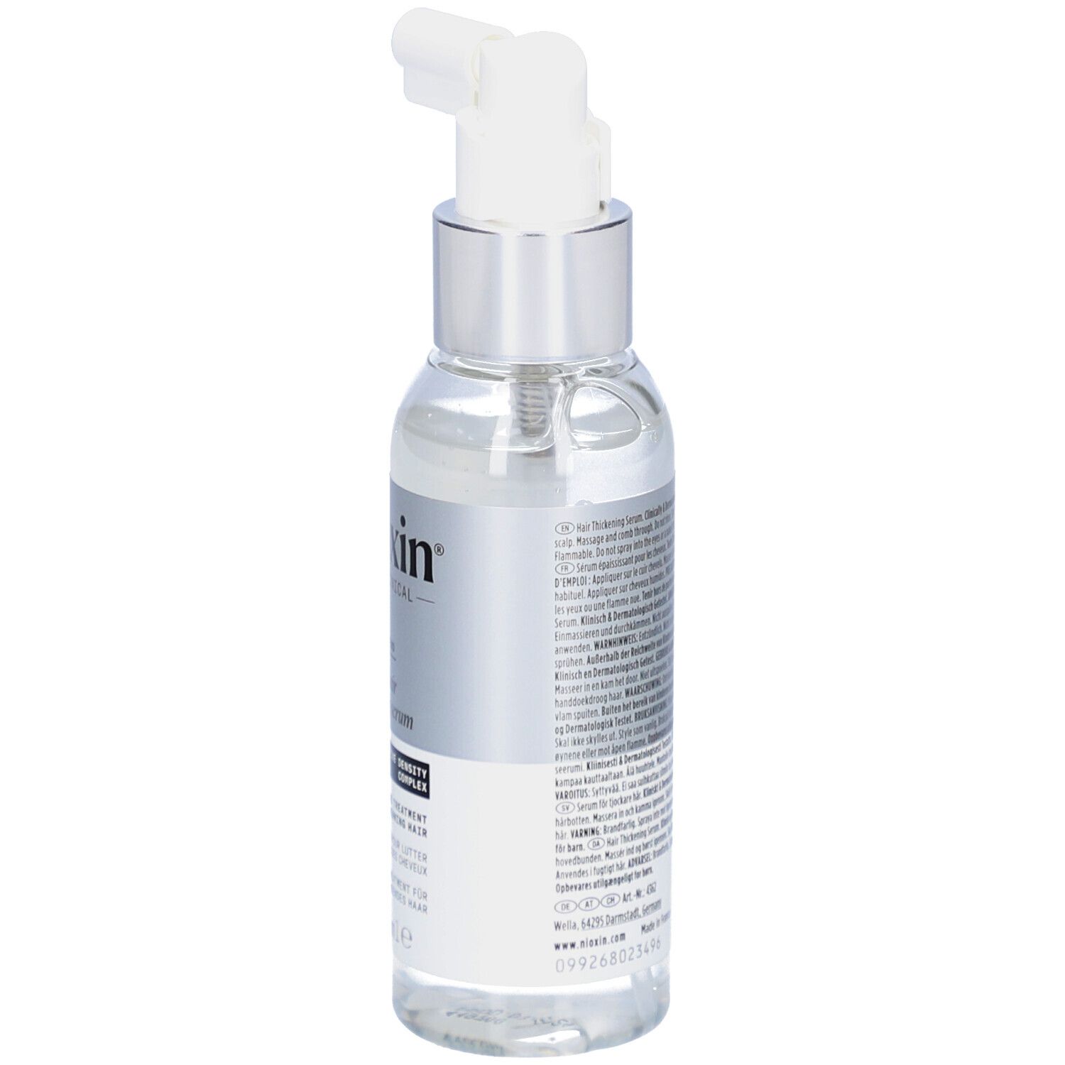 Transparente Flasche mit silbernem Sprühkopf. Rückansicht. Text auf Etikett.