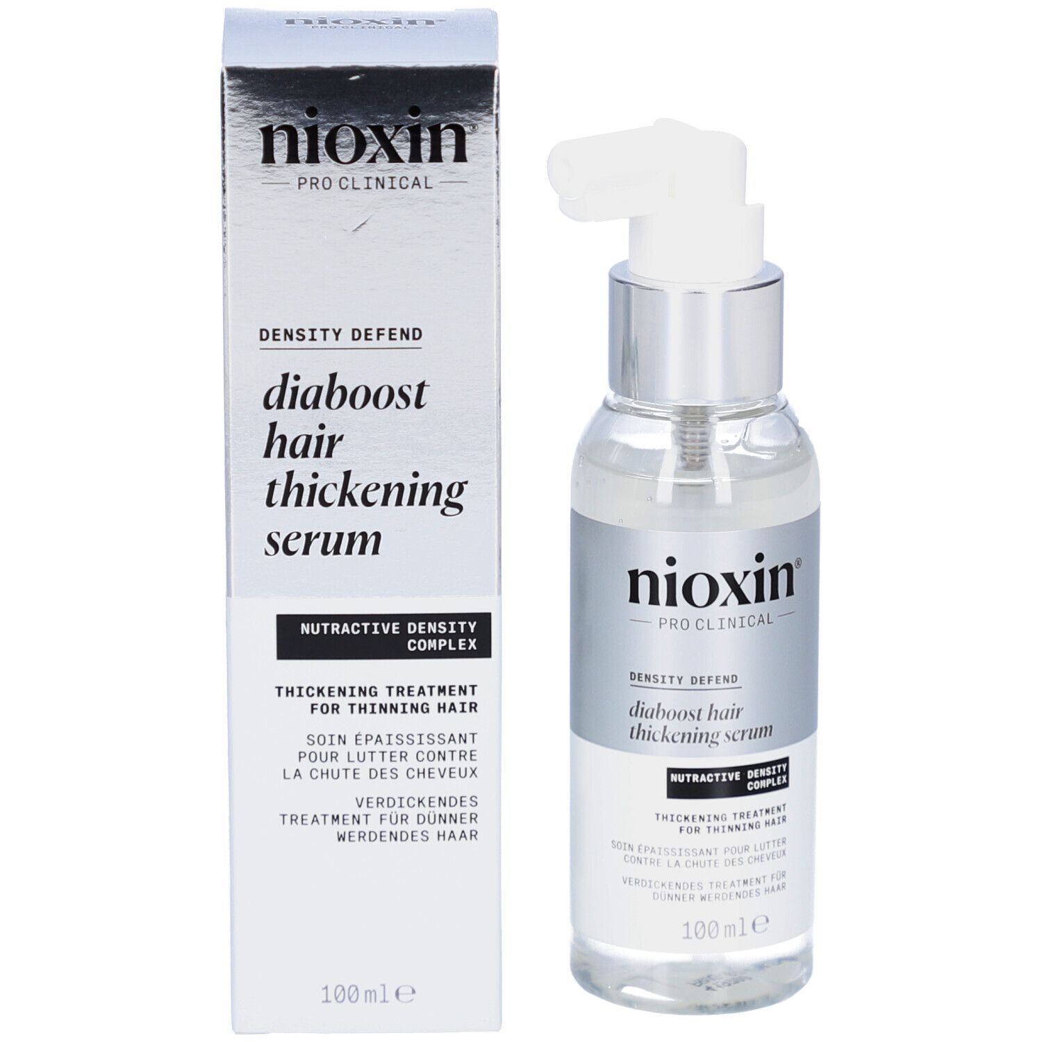 Produktflasche und Verpackung. Aufschrift: Nioxin, Density Defend, Diaboost Hair Thickening Serum.