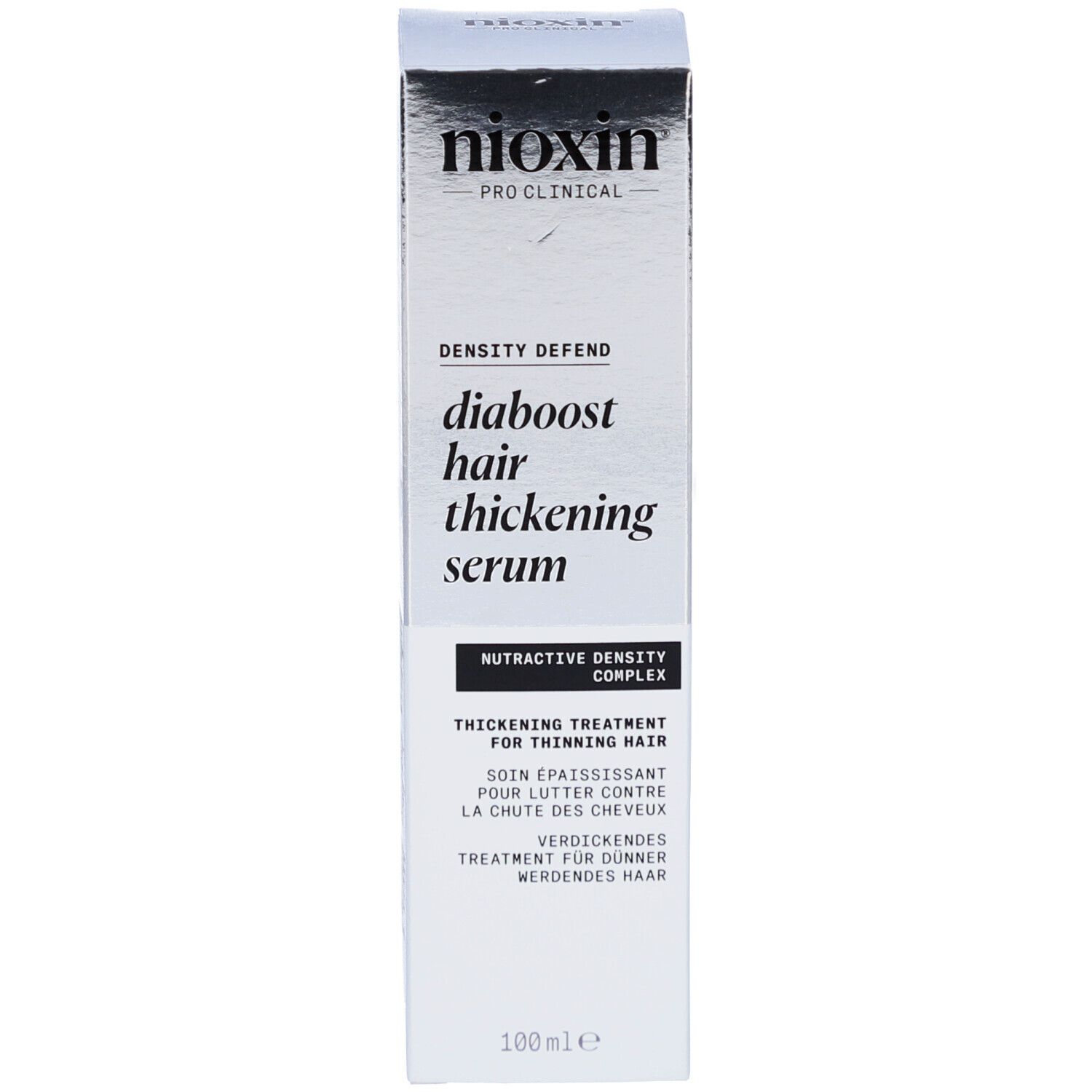 Produktverpackung. Aufschrift: Nioxin, Density Defend, Diaboost Hair Thickening Serum.