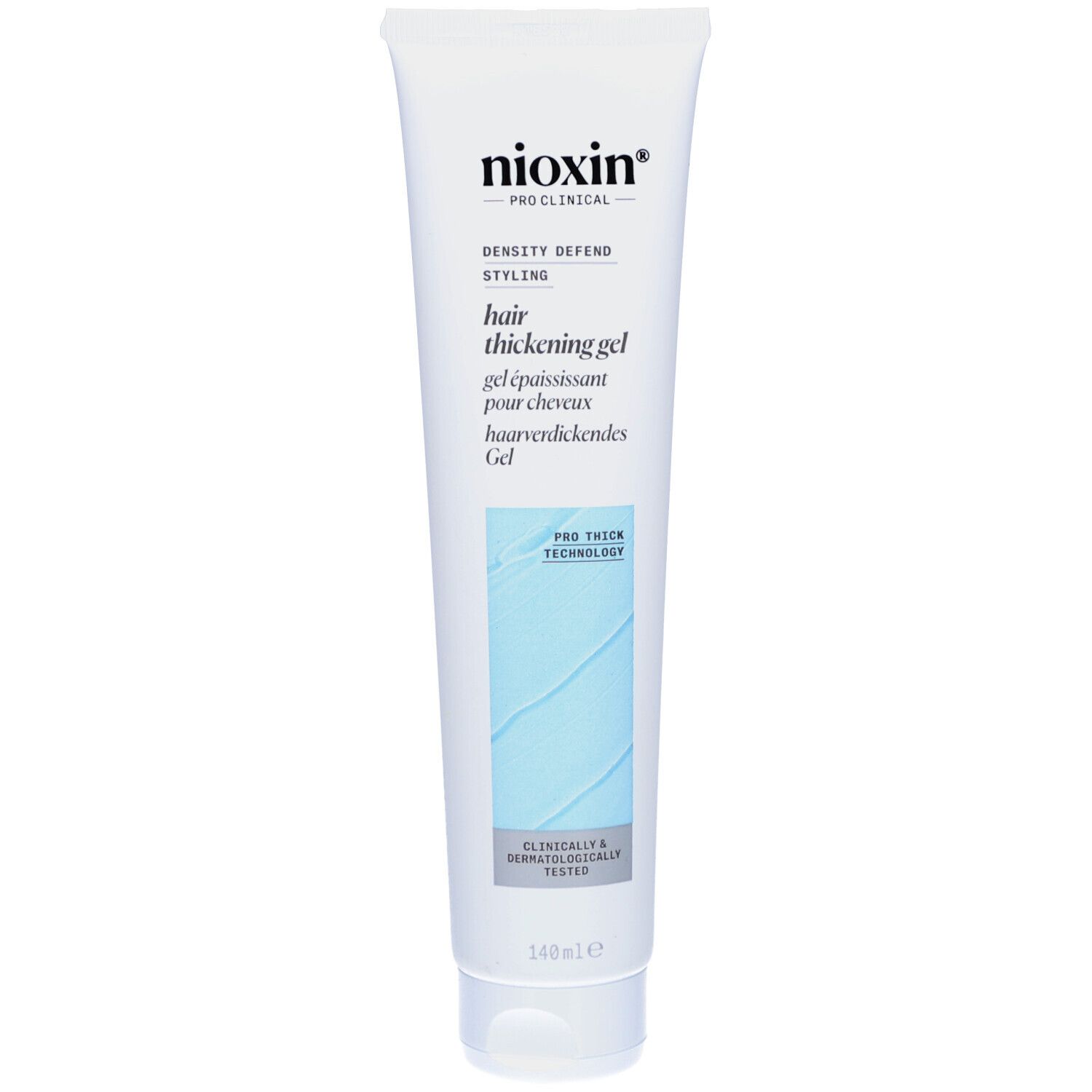 Weiße Tube Nioxin Gel. Aufschrift: Density Defend Styling, Hair Thickening Gel, Pro Thick Technology. Klinisch & dermatologisch getestet.