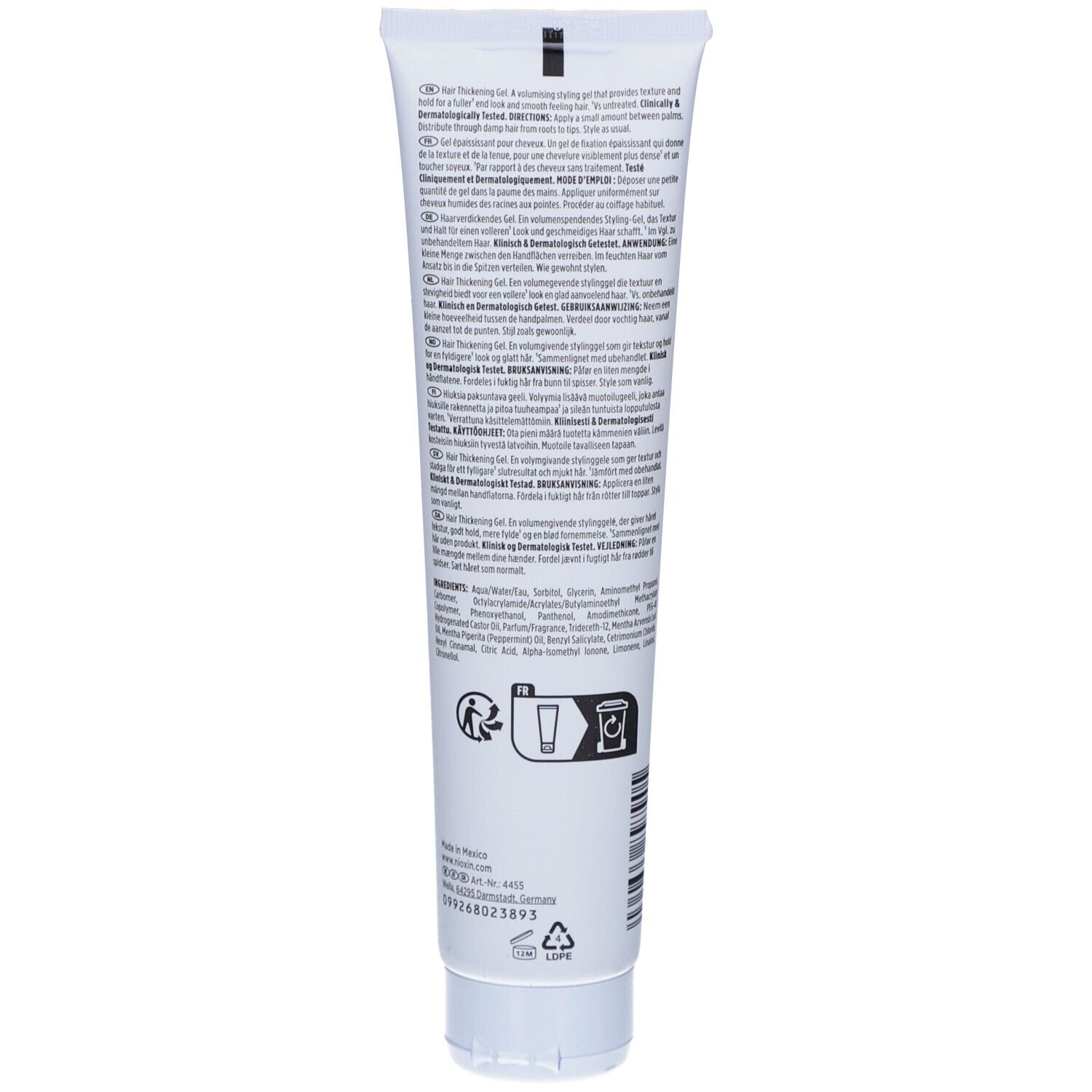 Rückseite einer weißen Tube Nioxin Gel. Text in mehreren Sprachen. Piktogramme: Hände, Tube, Recycling-Symbol.
