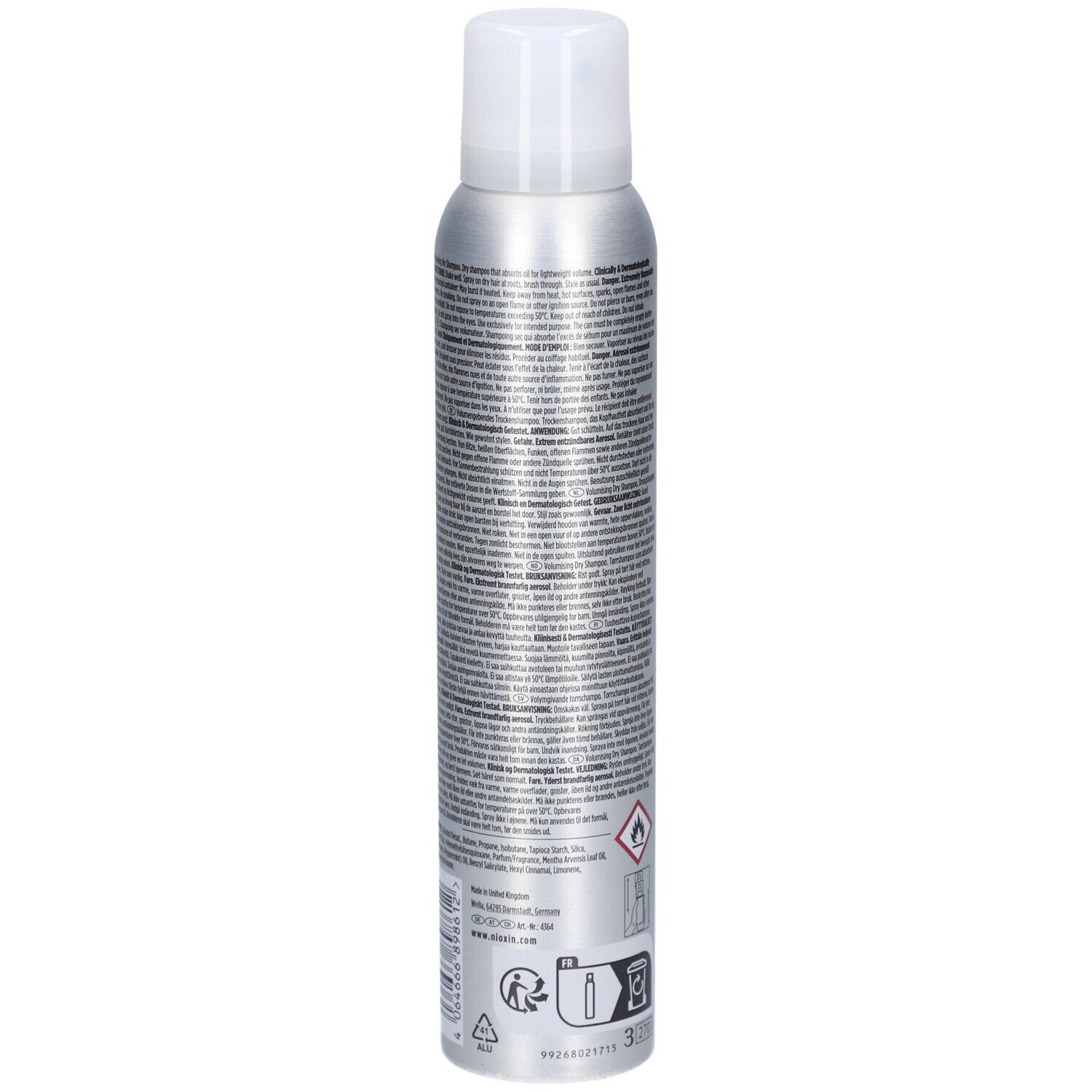 Rückseite einer silbernen Sprühflasche mit weißem Deckel. Text und Symbole. Warnhinweis: leicht entzündlich.