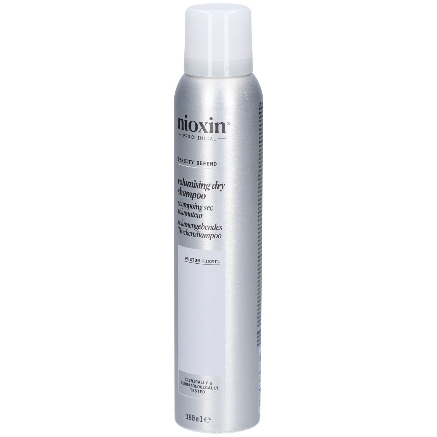 Silberne Sprühflasche mit weißem Deckel. Aufschrift: Nioxin, volumising dry shampoo. Klinisch & dermatologisch getestet.