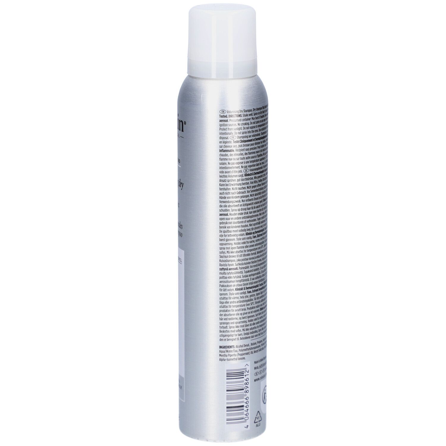 Rückseite einer silbernen Sprühflasche mit weißem Deckel. Text und Symbole. Warnhinweis: leicht entzündlich.