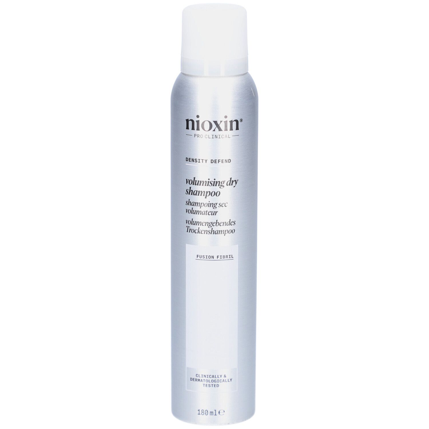 Silberne Sprühflasche mit weißem Deckel. Aufschrift: Nioxin, volumising dry shampoo. Klinisch & dermatologisch getestet.