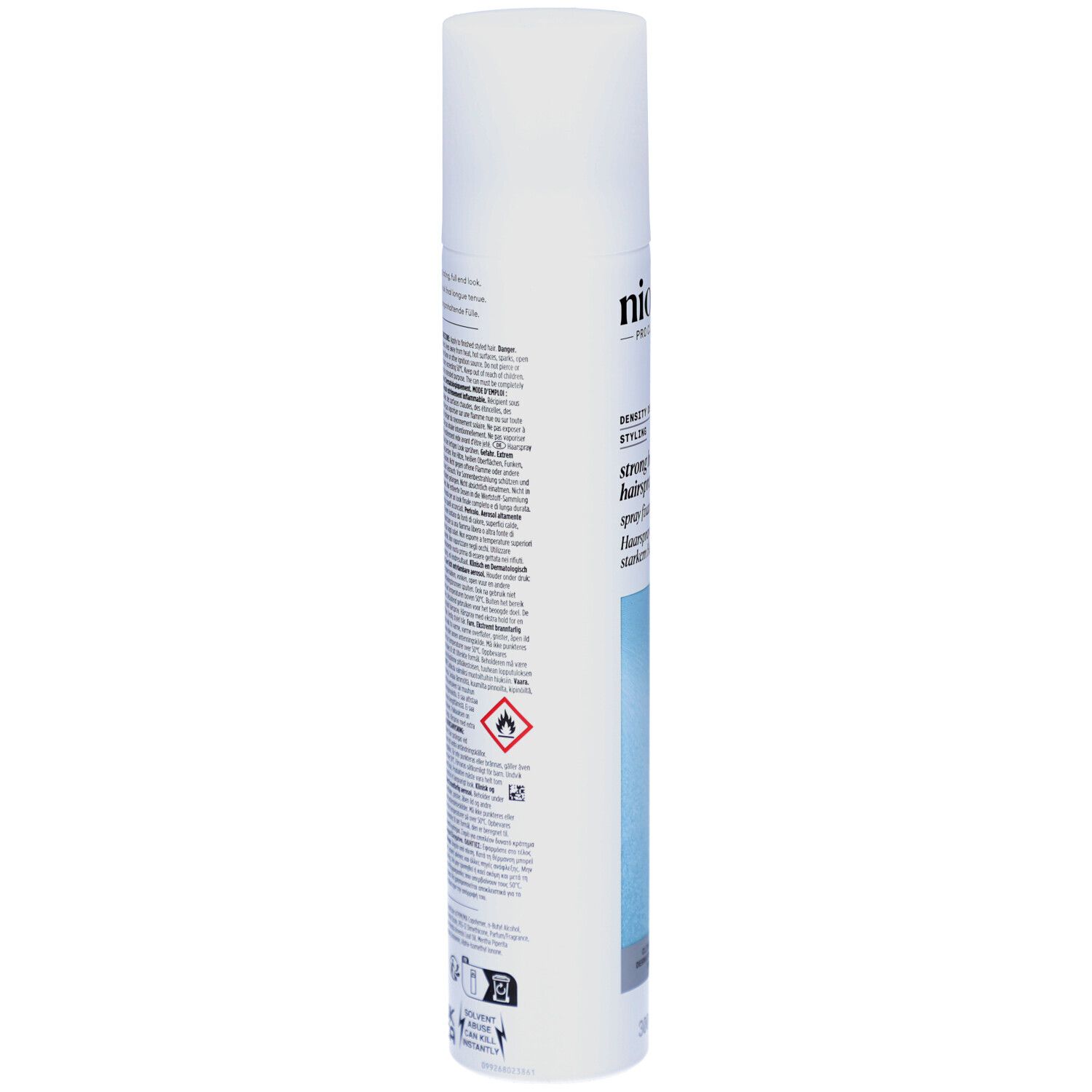 Rückseite der Nioxin Strong Hold Haarspray-Flasche. Text und Symbole auf weißem Hintergrund.
