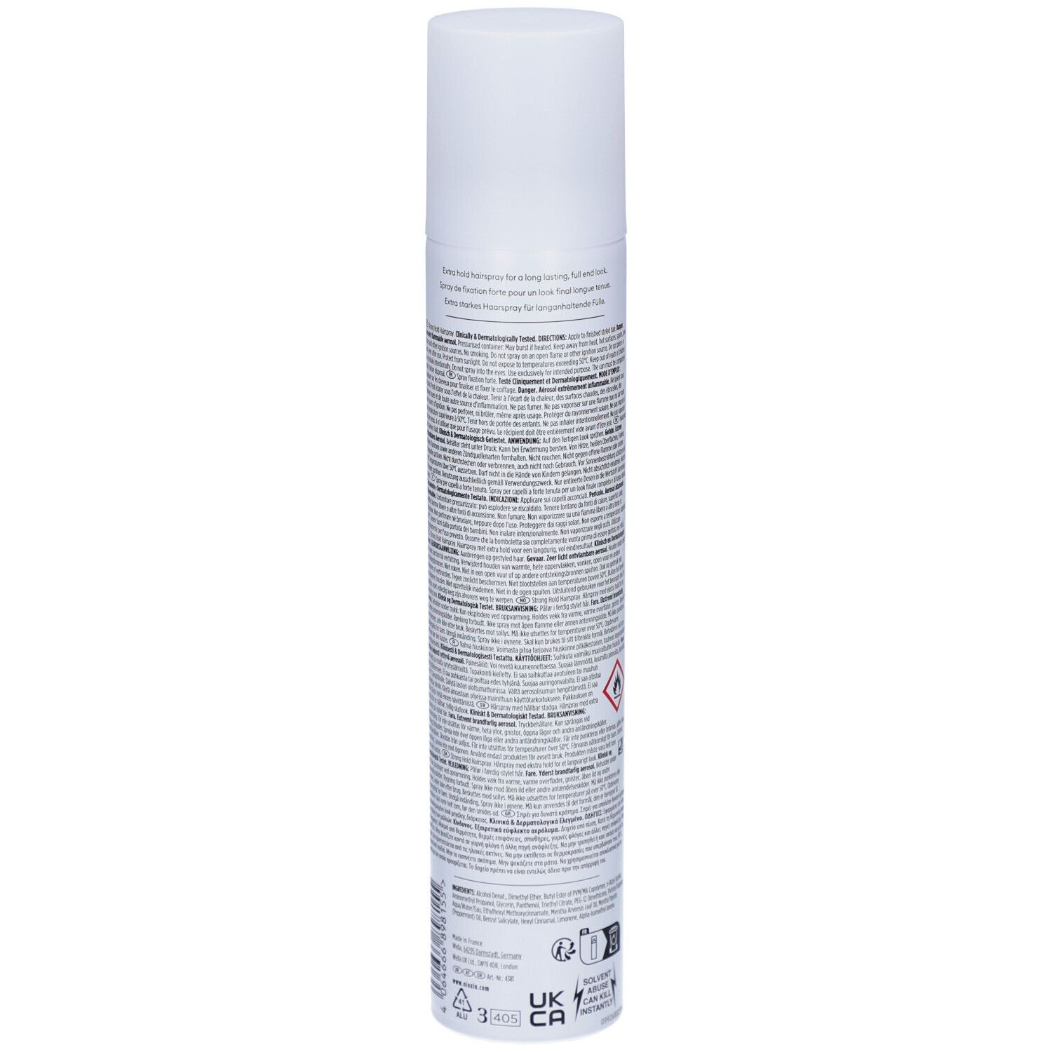 Rückseite der Nioxin Strong Hold Haarspray-Flasche. Text und Symbole auf weißem Hintergrund.