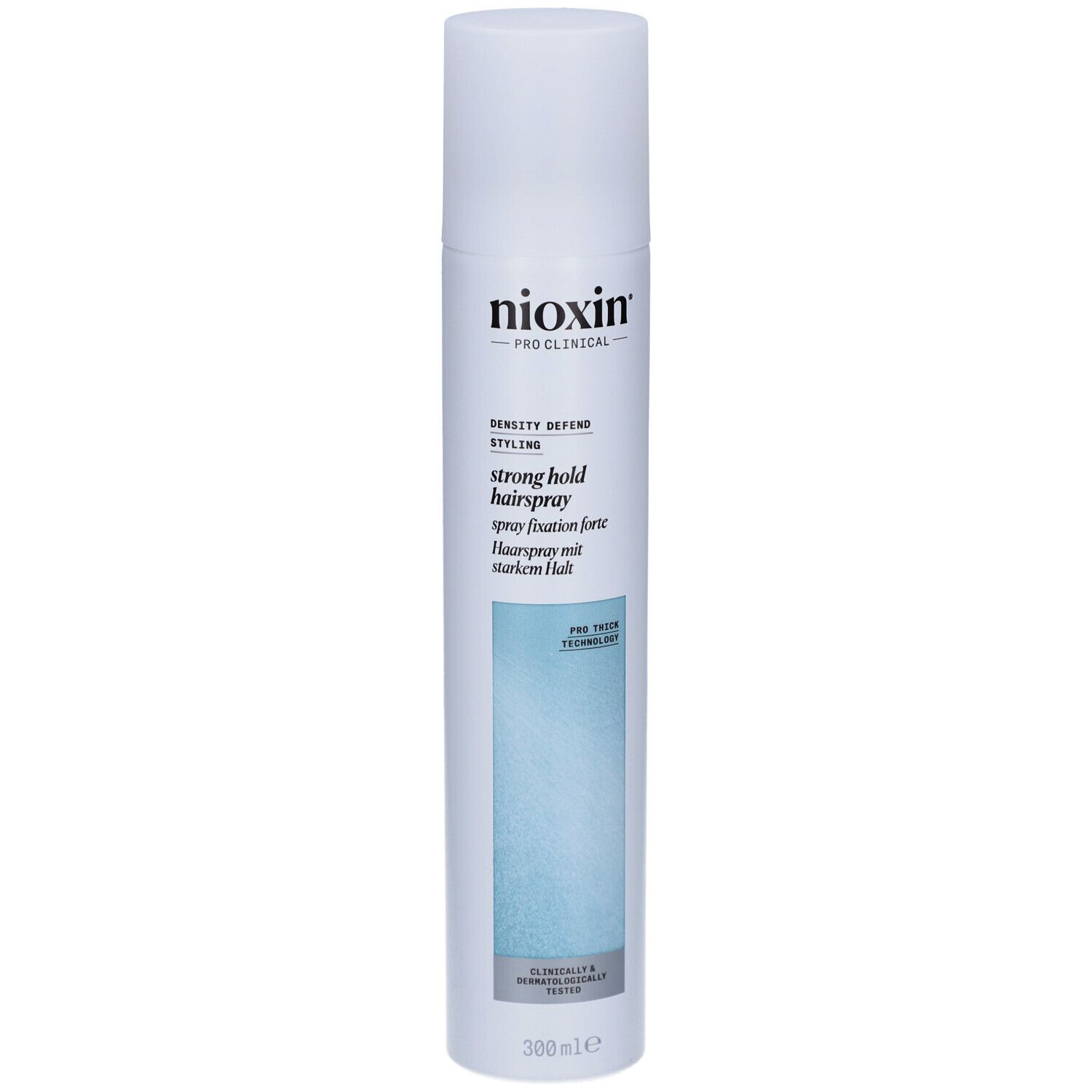 Nioxin Strong Hold Haarspray. Weiße Flasche mit blauem Akzent. Produktname und Logo deutlich sichtbar.