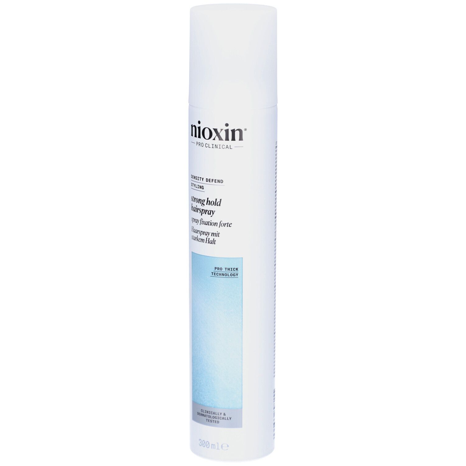 Nioxin Strong Hold Haarspray. Weiße Flasche mit blauem Akzent. Produktname und Logo deutlich sichtbar.