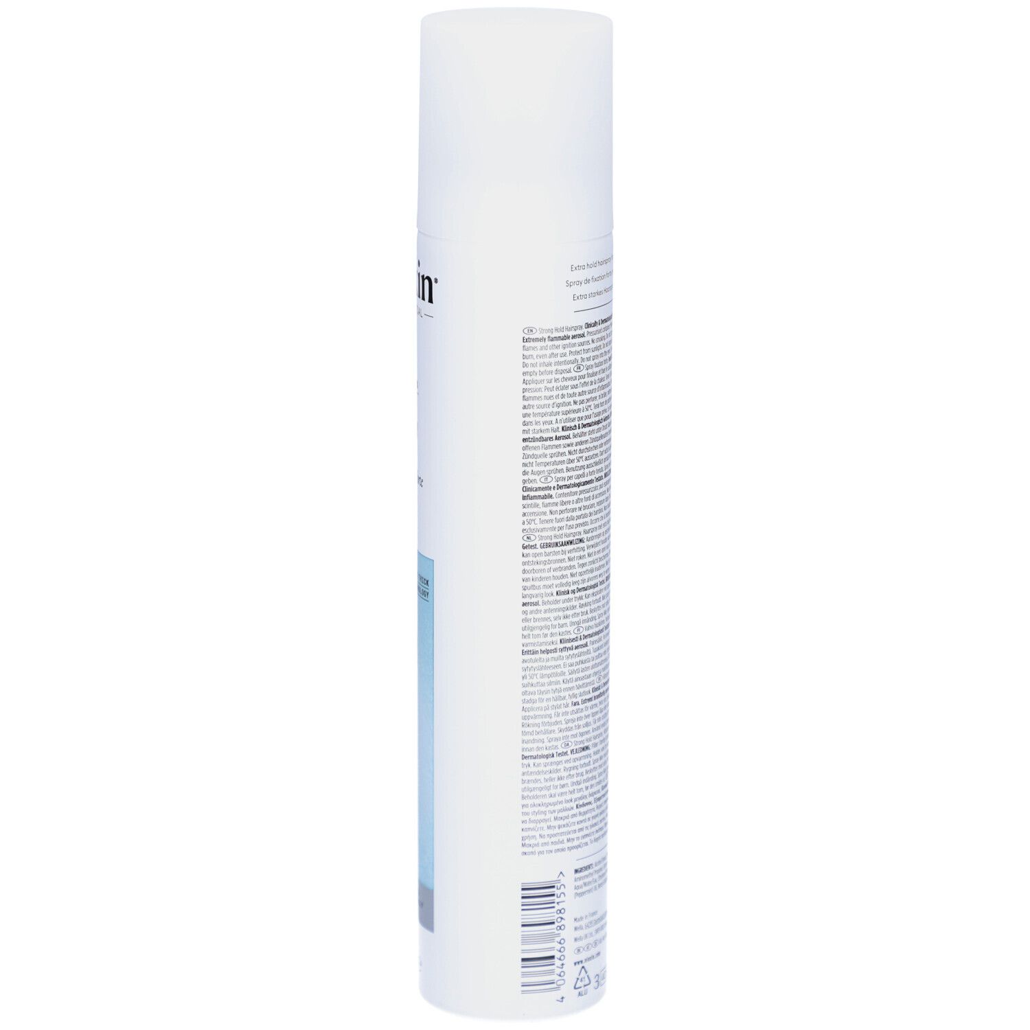 Rückseite der Nioxin Strong Hold Haarspray-Flasche. Text und Symbole auf weißem Hintergrund.