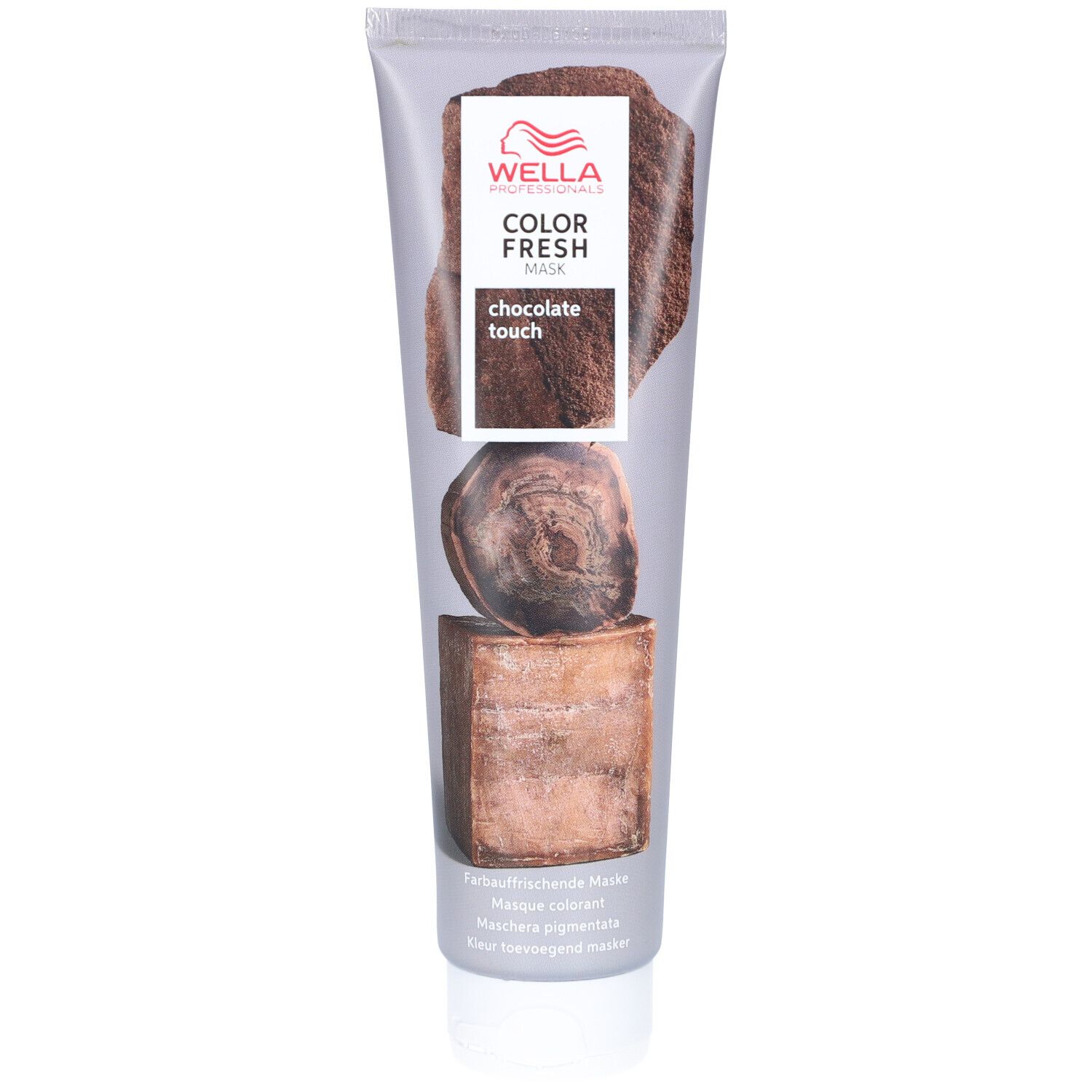 Wella Color Fresh Maske in Schokoladenbraun. Graue Tube mit Produktabbildung.