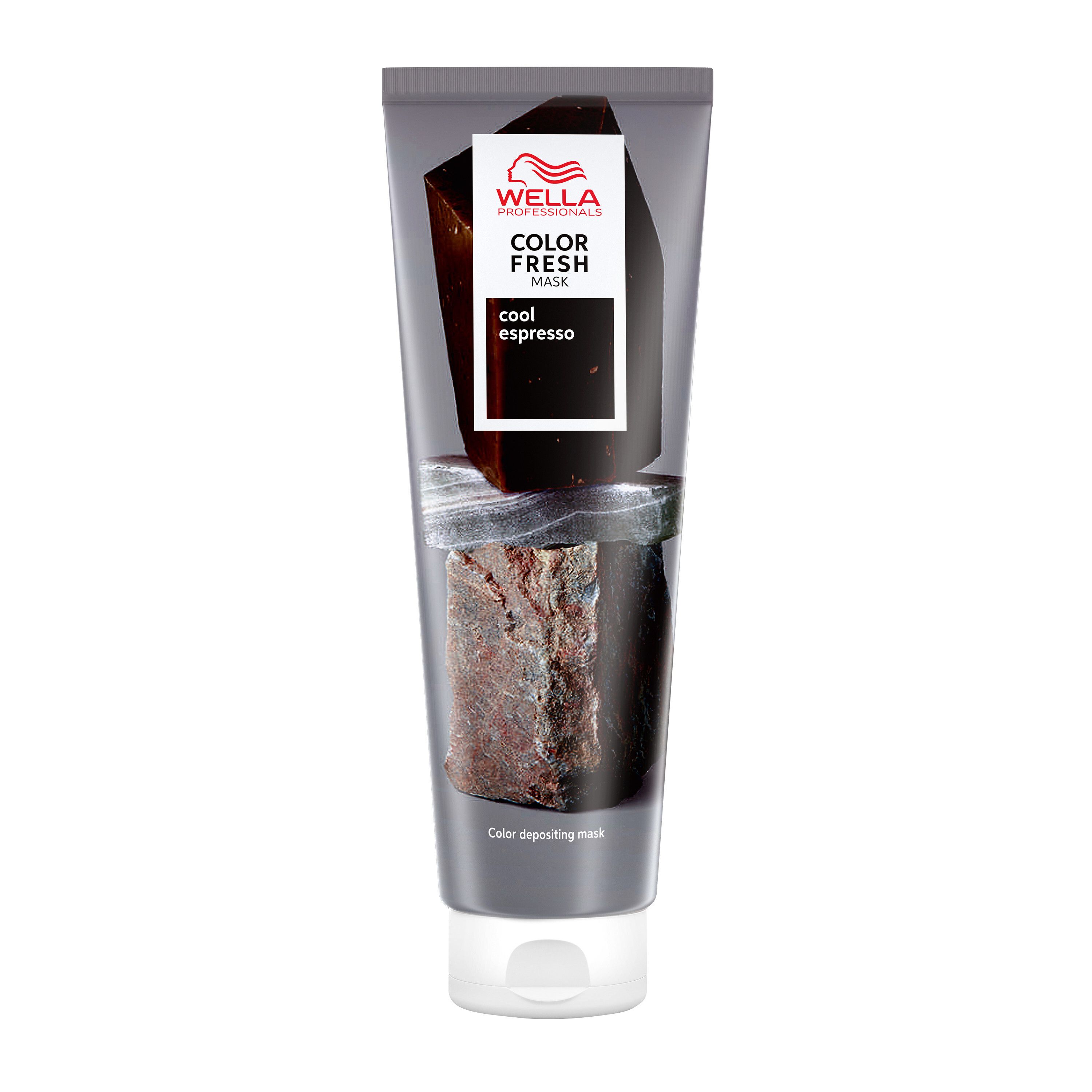 Wella Color Fresh Mask Cool Espresso. Tube avec produit, bouchon blanc. Couleurs noir et marron. Texte: Color Fresh Mask.
