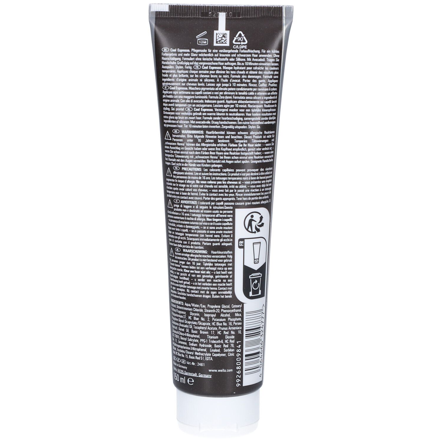 Rückseite der Tube Wella Color Fresh Mask Cool Espresso. Text mit Inhaltsstoffen und Anwendungshinweisen. Informationen in mehreren Sprachen.