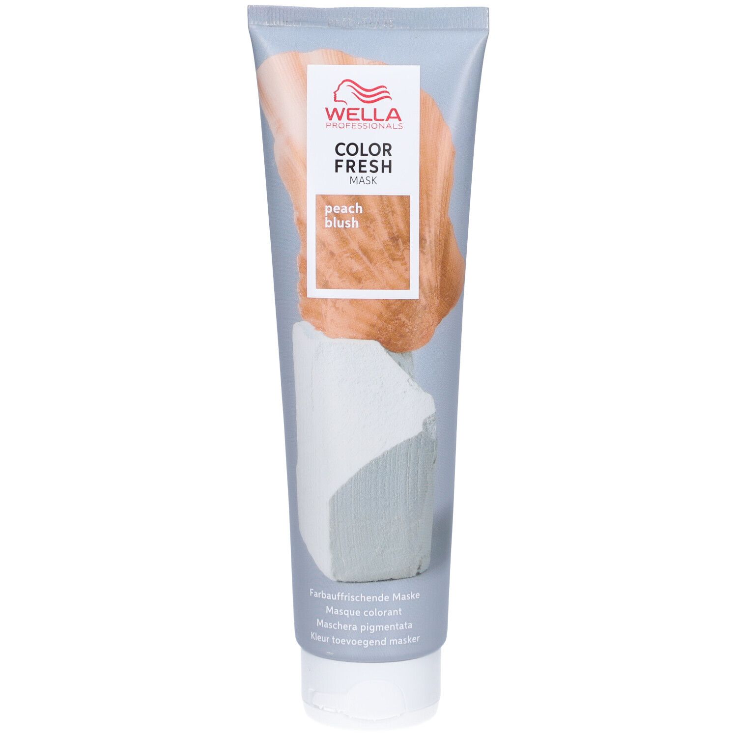 Tube mit Wella Color Fresh Mask Peach Blush. Farbfrischende Maske. Weißer Deckel, grauer Hintergrund mit Pfirsich-Illustration.