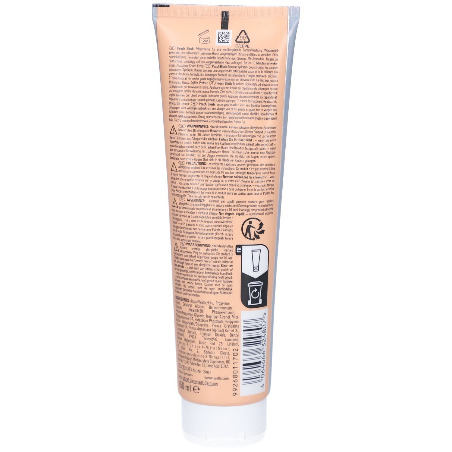 Rückseite der Tube Wella Color Fresh Mask Peach Blush. Text mit Produktinformationen und Warnhinweisen. Weißer Deckel.