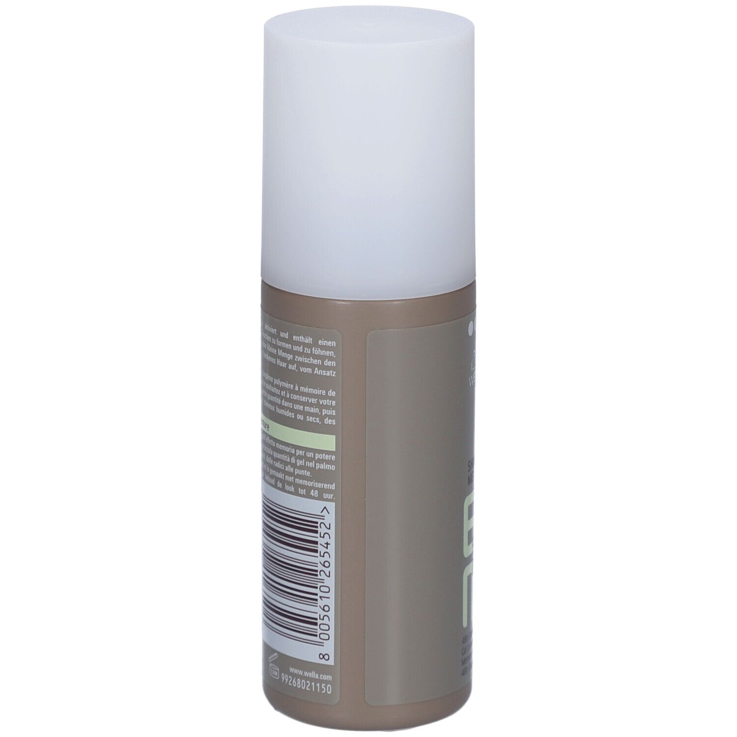 Rückseite der Wella EIMI Shape Me Flasche. Barcode und Text. Flasche mit weißem Deckel.
