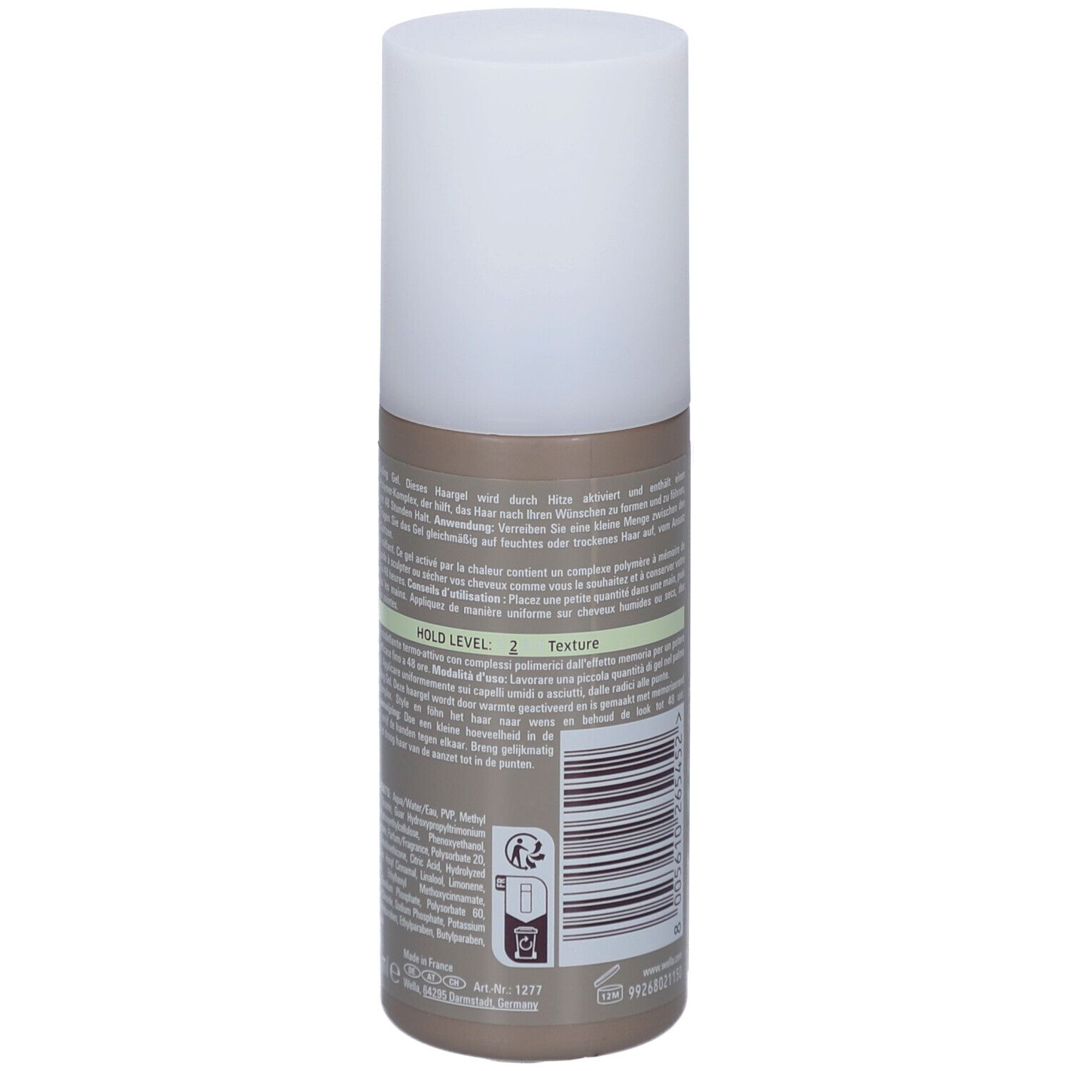 Rückseite der Wella EIMI Shape Me Flasche. Text und Logo. Flasche mit weißem Deckel.