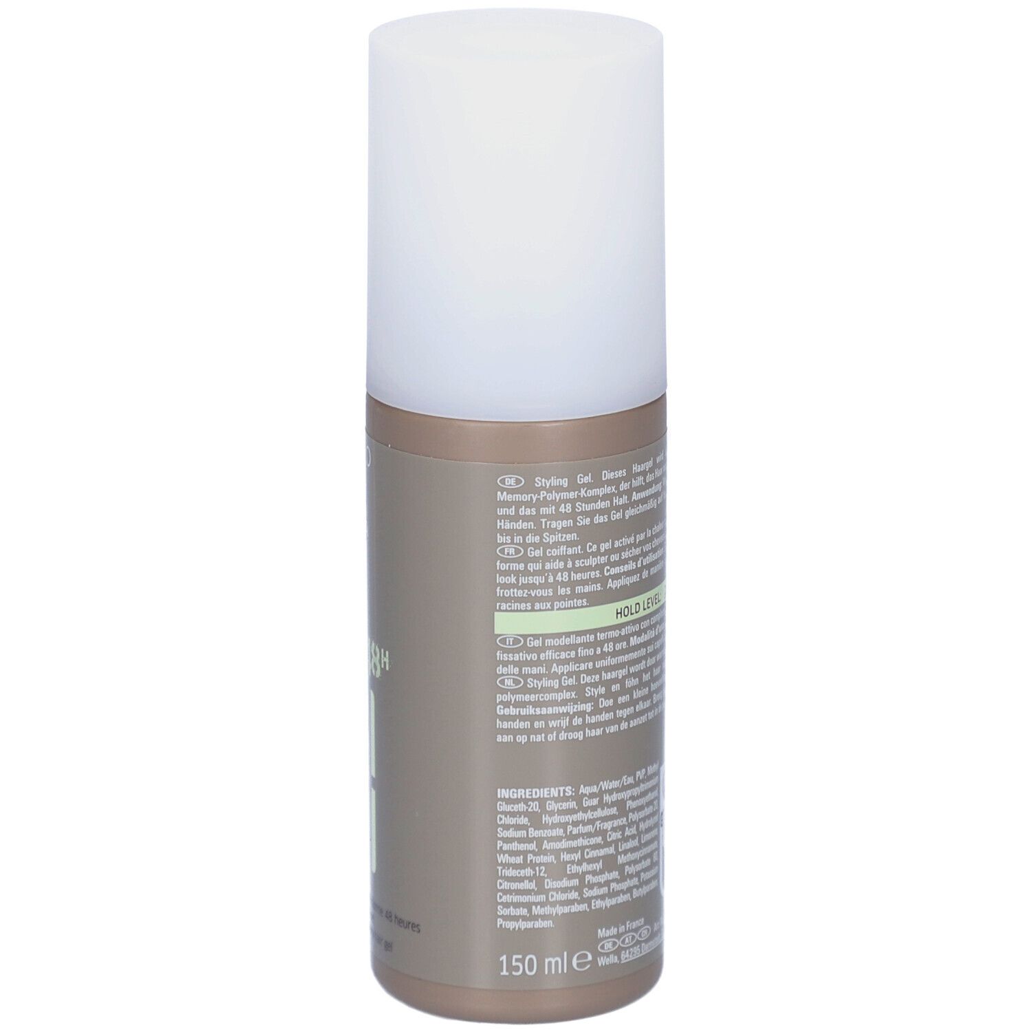 Rückseite der Wella EIMI Shape Me Flasche. Text und Inhaltsstoffe. Flasche mit weißem Deckel.