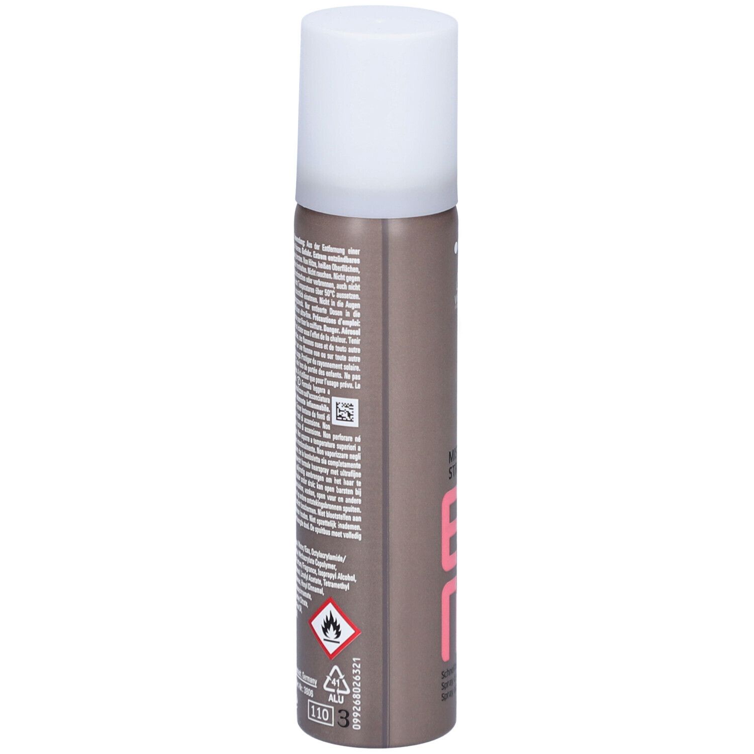 Haarspray-Flasche. Rückseite mit Text. Marke: Wella EIMI. Aufdrucke und Symbole. Weißer Deckel. Braune Flasche.