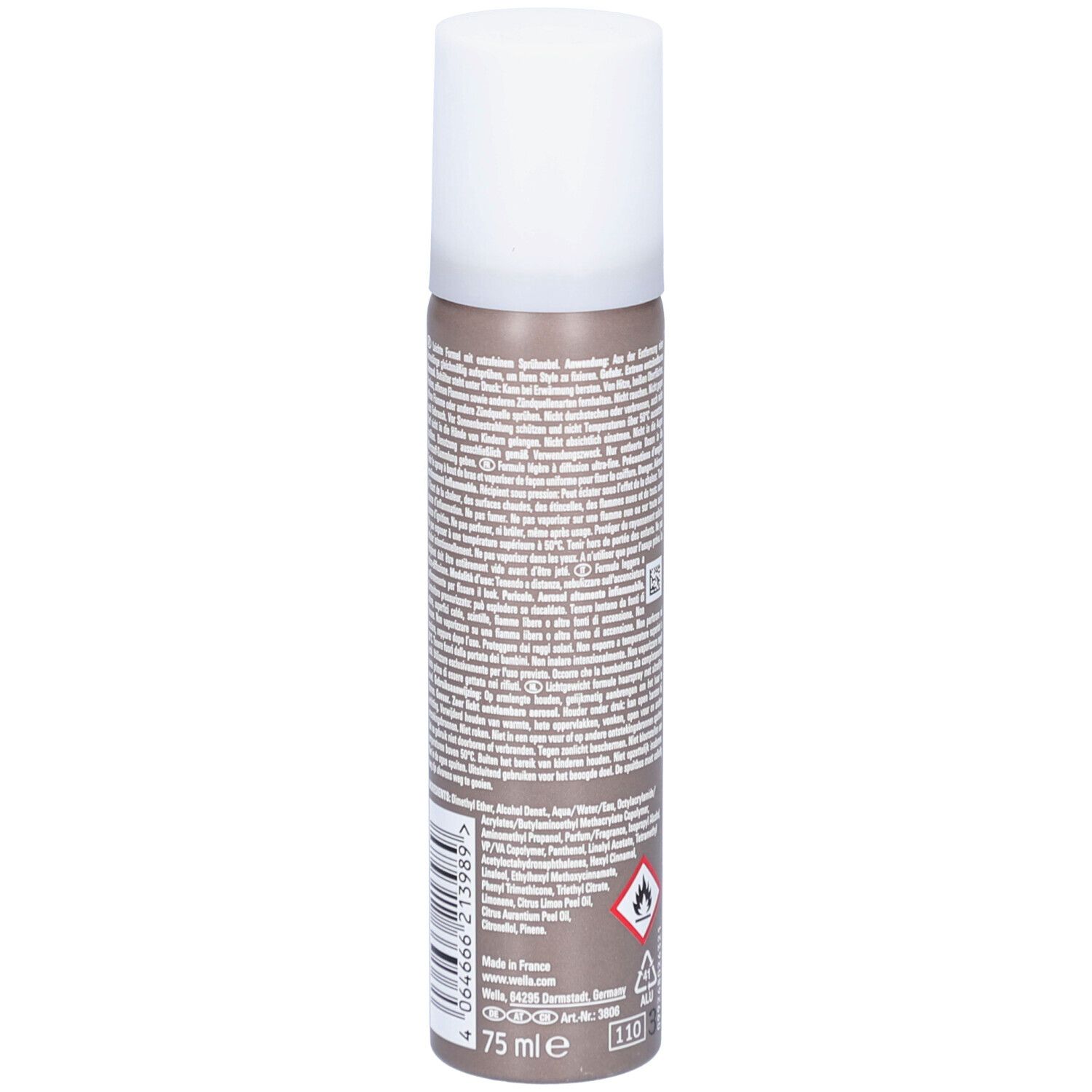 Haarspray-Flasche. Rückseite mit Text. Marke: Wella EIMI. Aufdrucke und Symbole. Weißer Deckel. Braune Flasche.