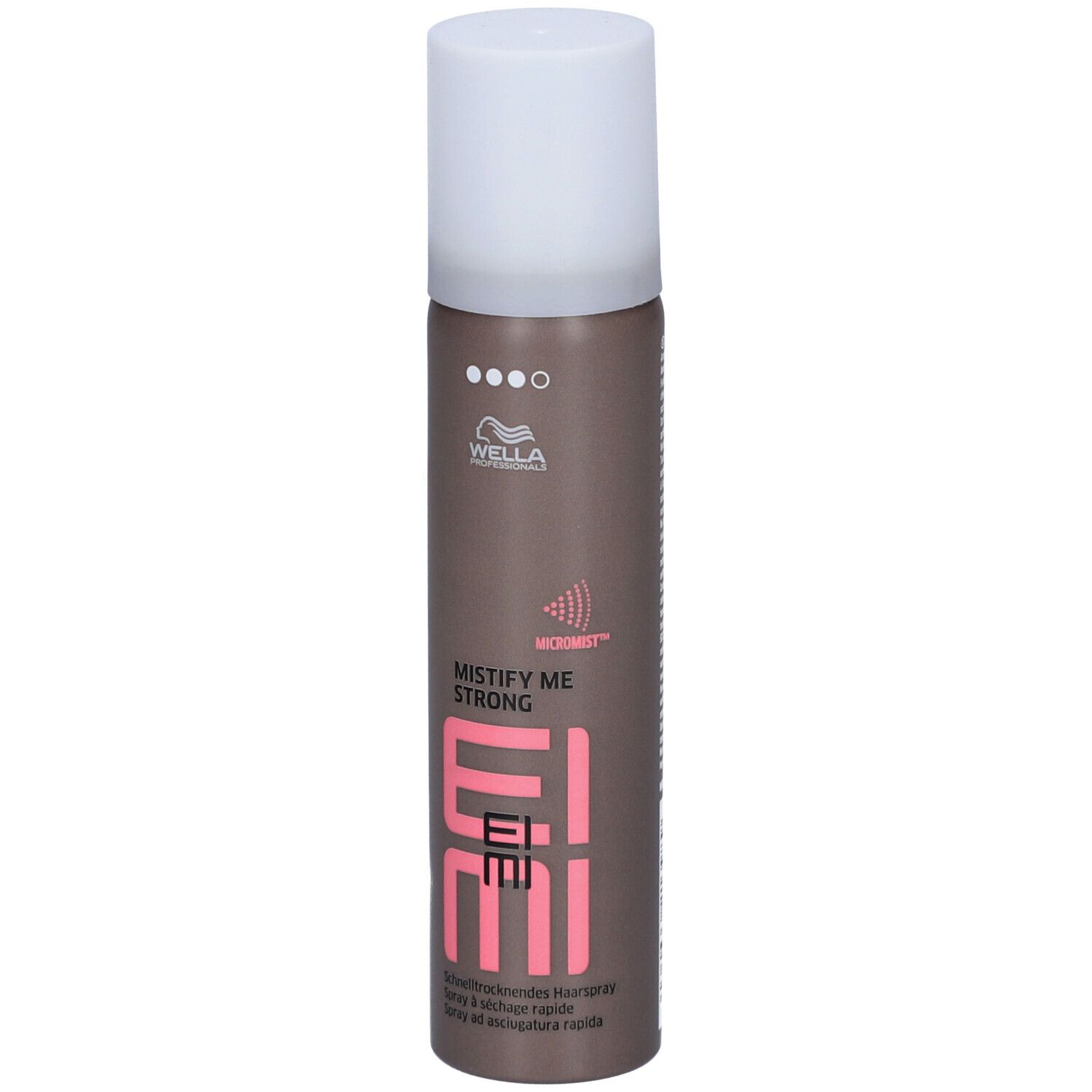 Haarspray-Flasche. Marke: Wella EIMI. Aufschrift: Mistify Me Strong. Rosa und weiße Schrift auf braunem Hintergrund. Weißer Deckel.