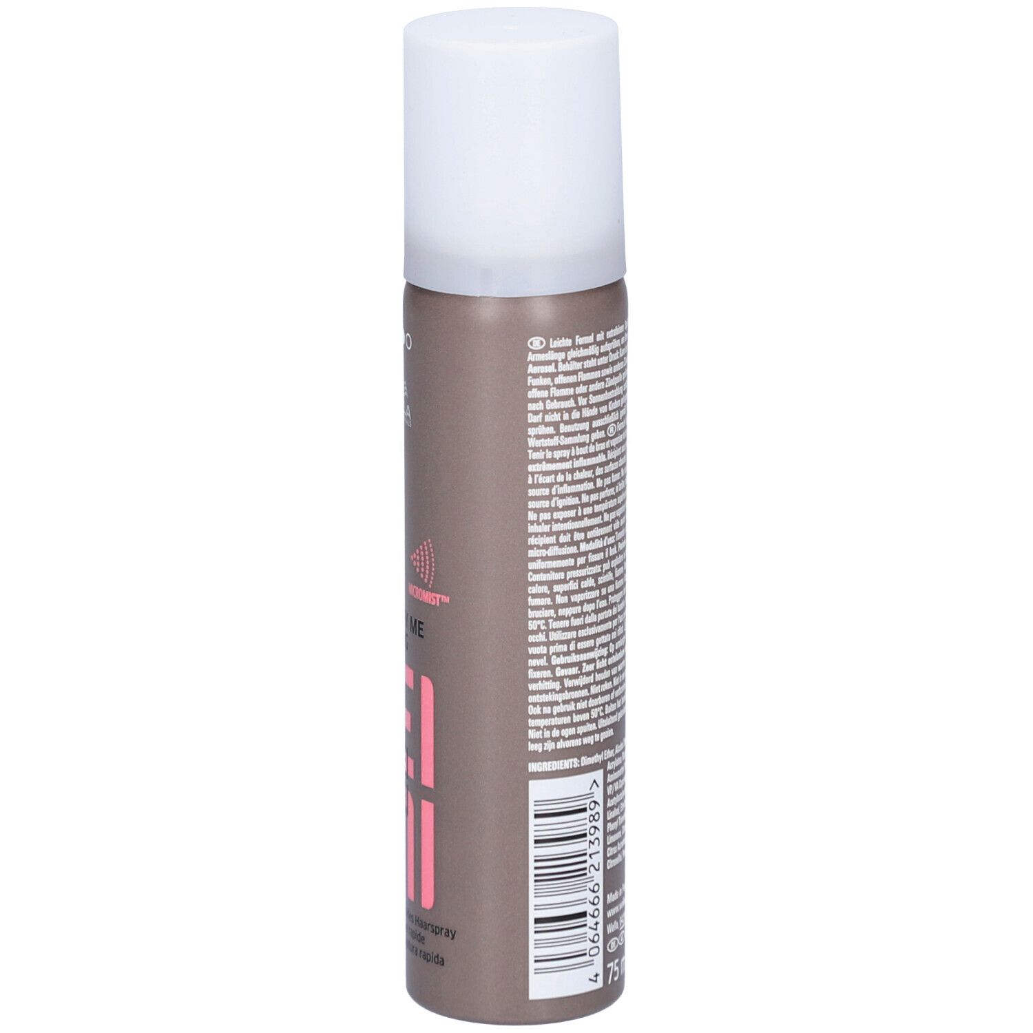 Haarspray-Flasche. Rückseite mit Text. Marke: Wella EIMI. Aufdrucke und Symbole. Weißer Deckel. Braune Flasche.