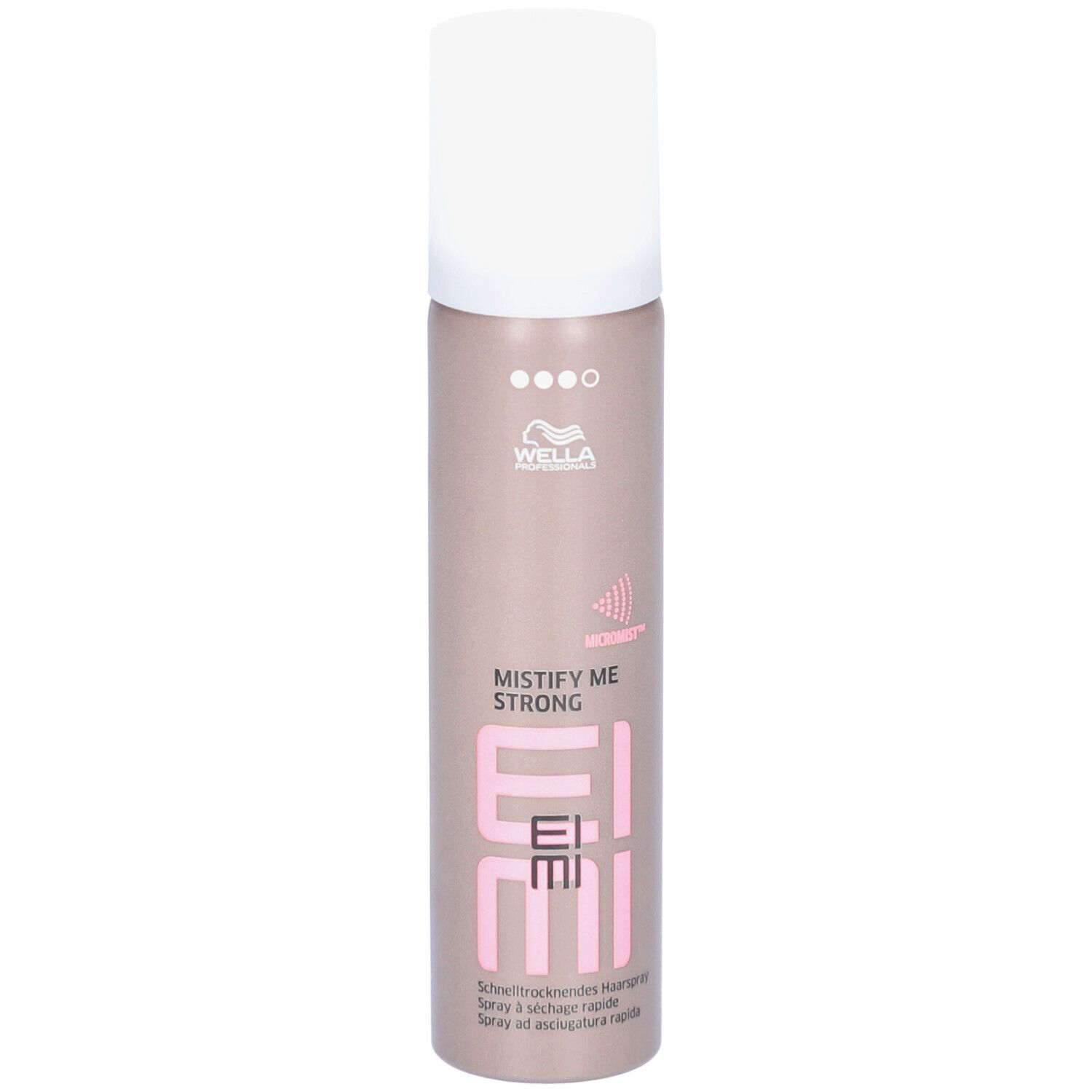 Haarspray-Flasche. Marke: Wella EIMI. Aufschrift: Mistify Me Strong. Rosa und weiße Schrift auf braunem Hintergrund. Weißer Deckel.