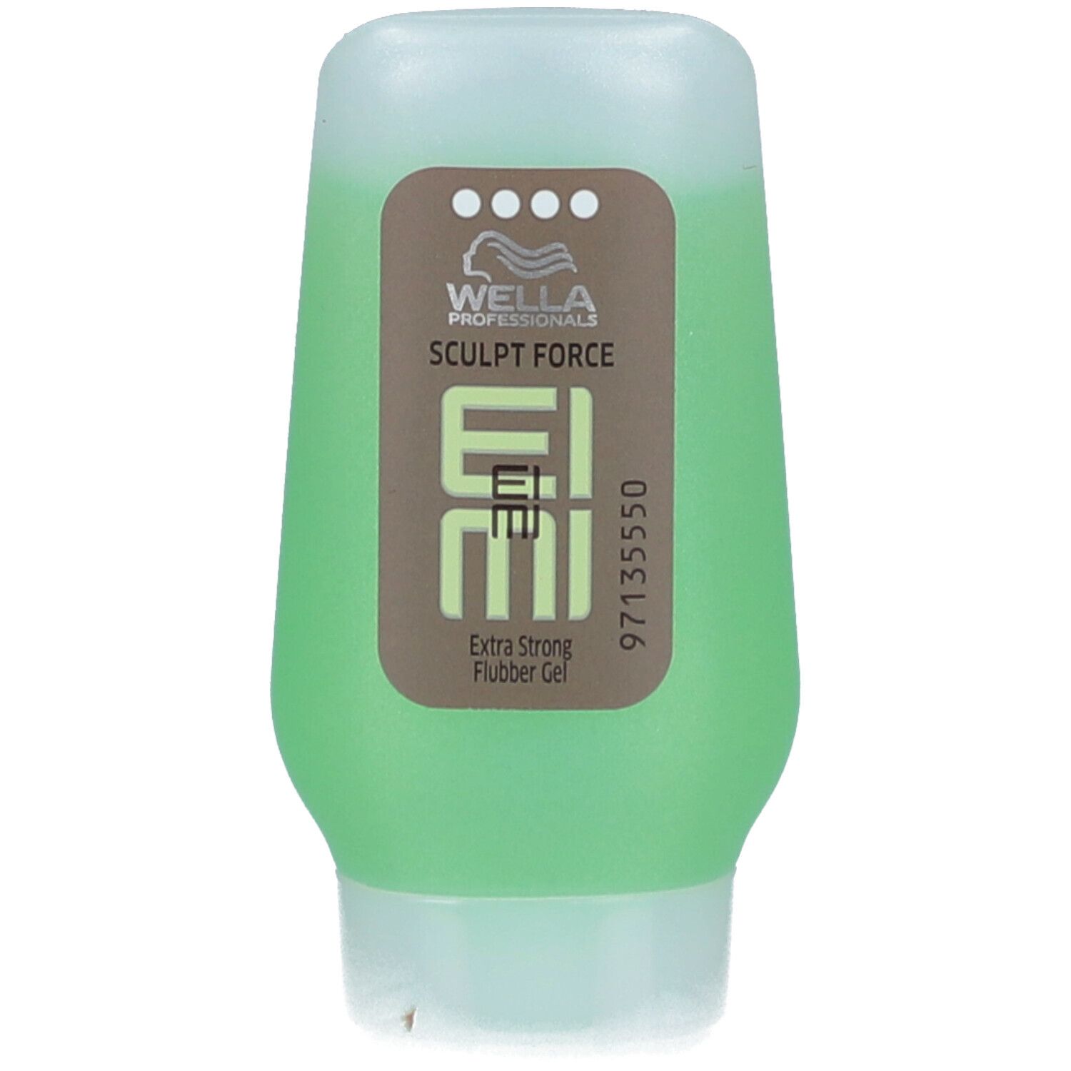 Grüne Flasche mit Wella Eimi Sculpt Force Gel. Aufschrift: Extra Strong Flubber Gel. Braune Etikett mit Logo und Produktnamen.