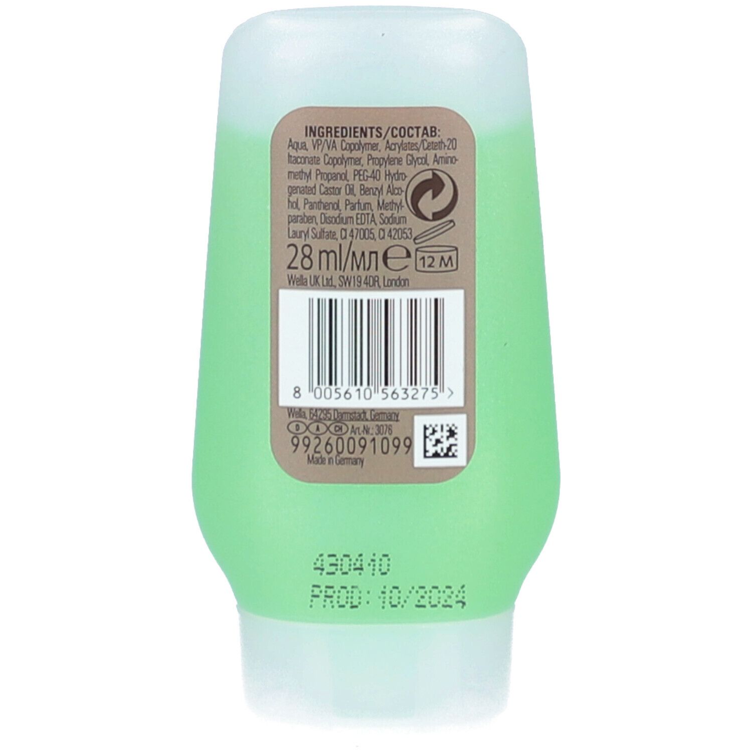 Rückseite einer grünen Flasche mit Wella Eimi Gel. Enthält Inhaltsstoffe, Barcode, Produktions- und Verfallsdatum. 28 ml.