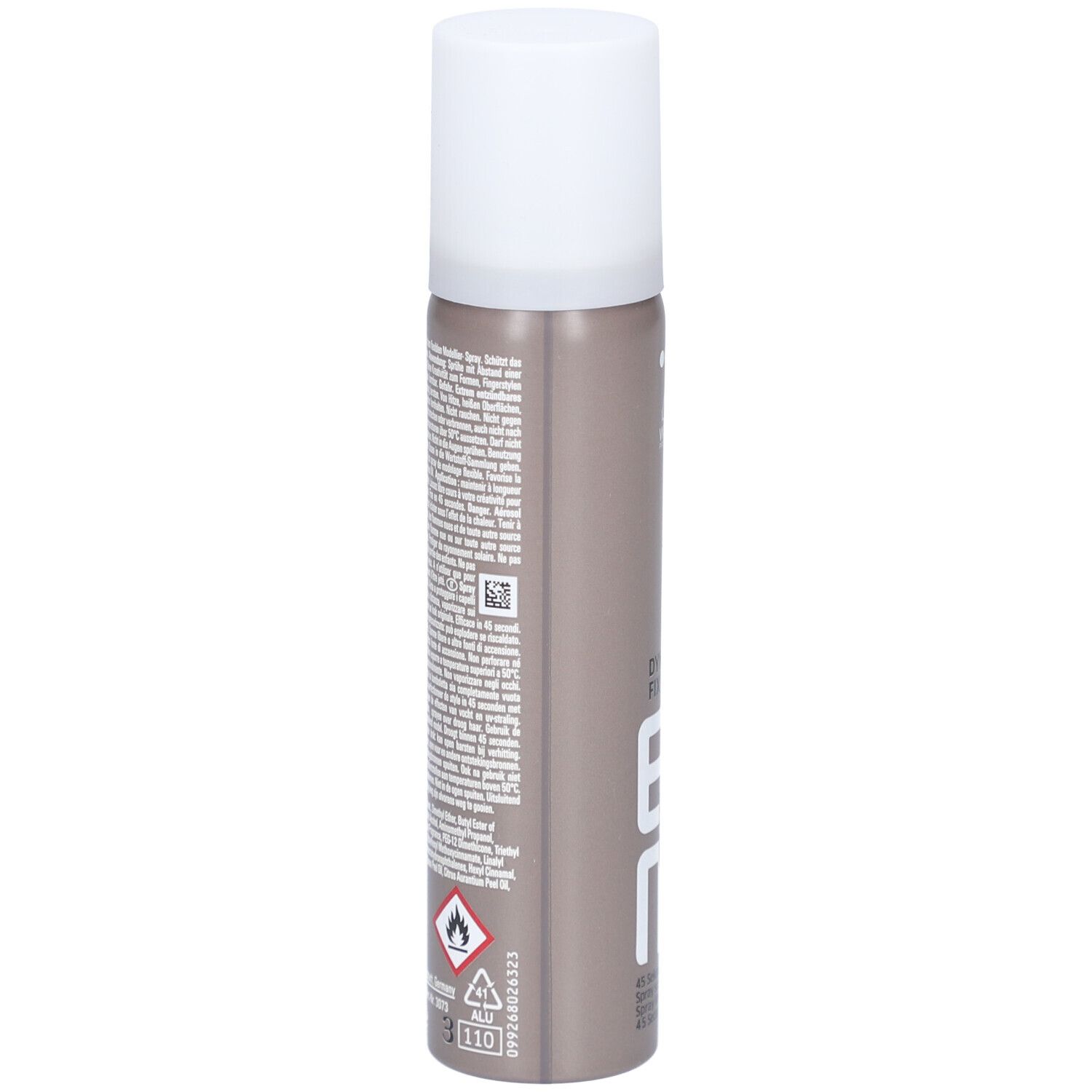Haarspray-Dose, braun-grau mit weißem Deckel. Text und Warnhinweise auf der Rückseite. Brandzeichen und Warnsymbole.