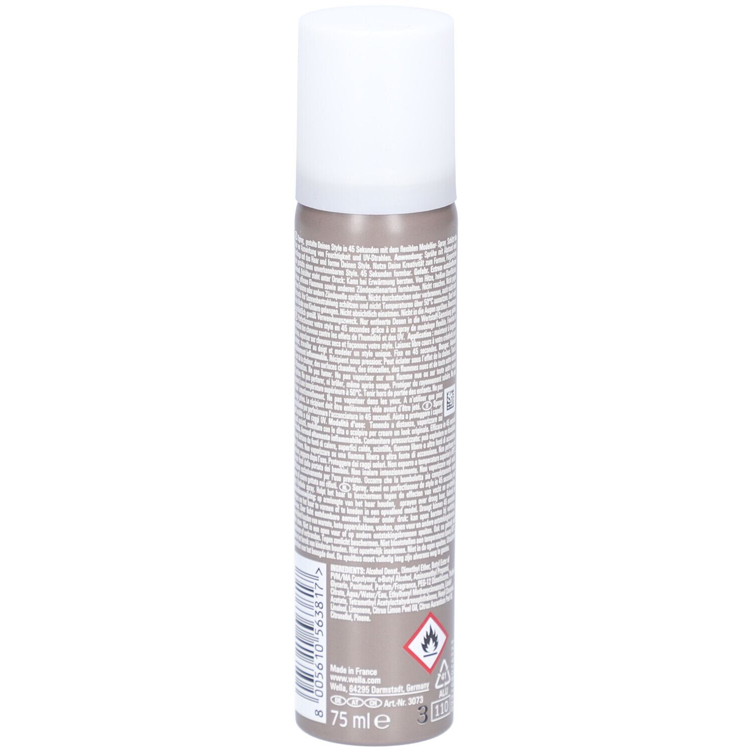 Haarspray-Dose, braun-grau mit weißem Deckel. Aufschrift: 75 ml. Warnhinweis und Brandzeichen.