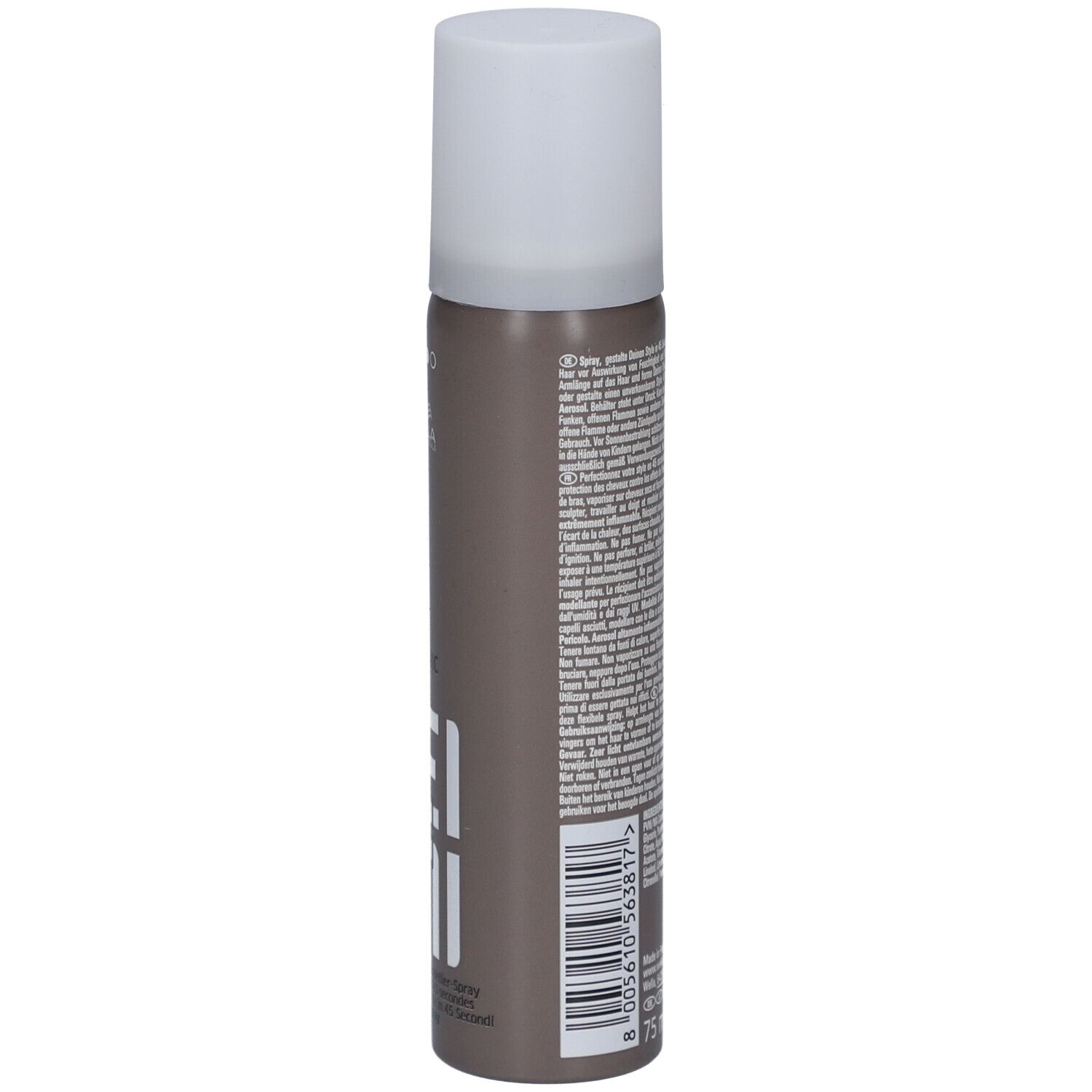 Haarspray-Dose, braun-grau mit weißem Deckel. Aufschrift: Wella, EIMI, Dynamic Fix. 45 Sekunden Modellier-Spray.