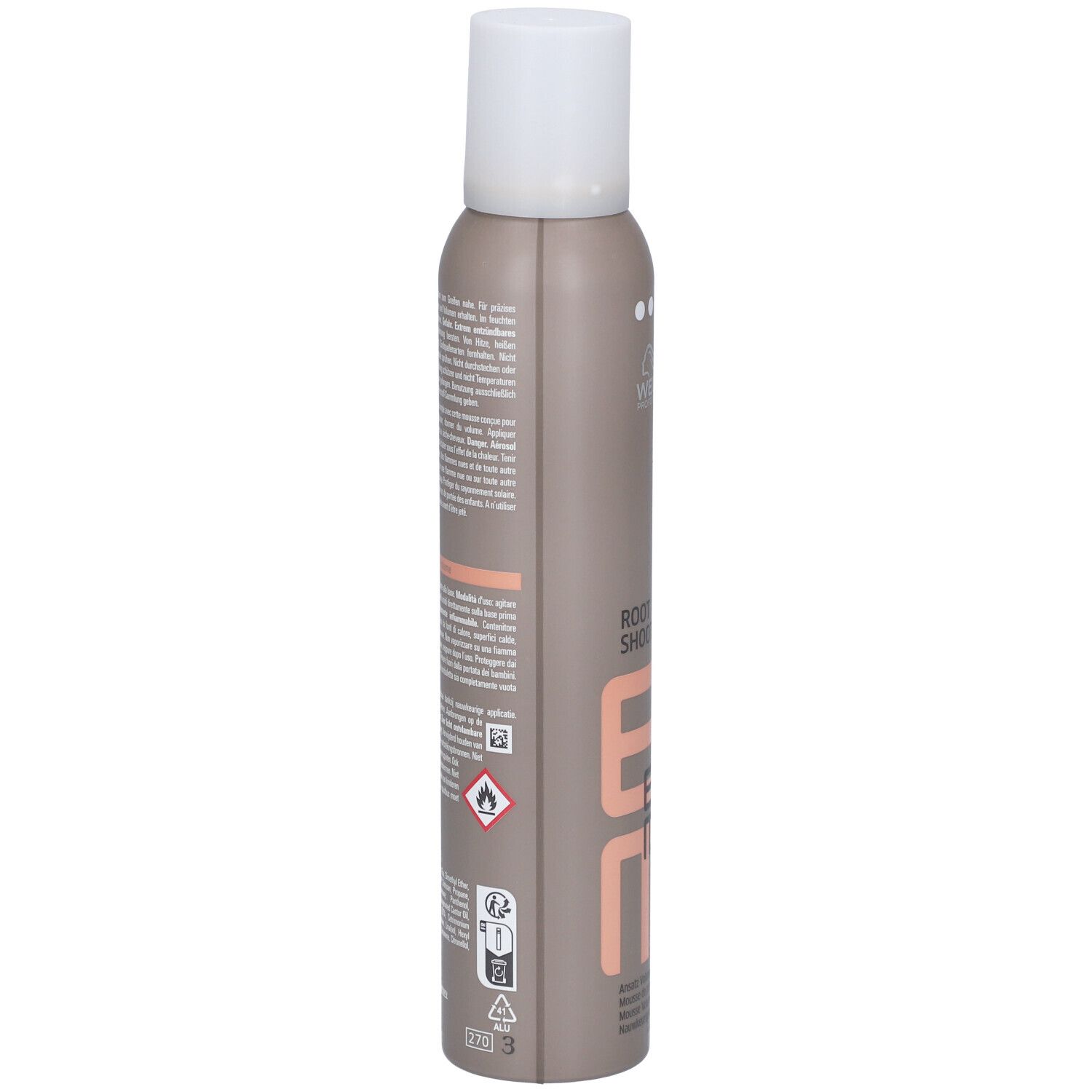 Graue Aerosoldose mit weißem Deckel, seitliche Ansicht. Text und Warnsymbole auf der Dose.