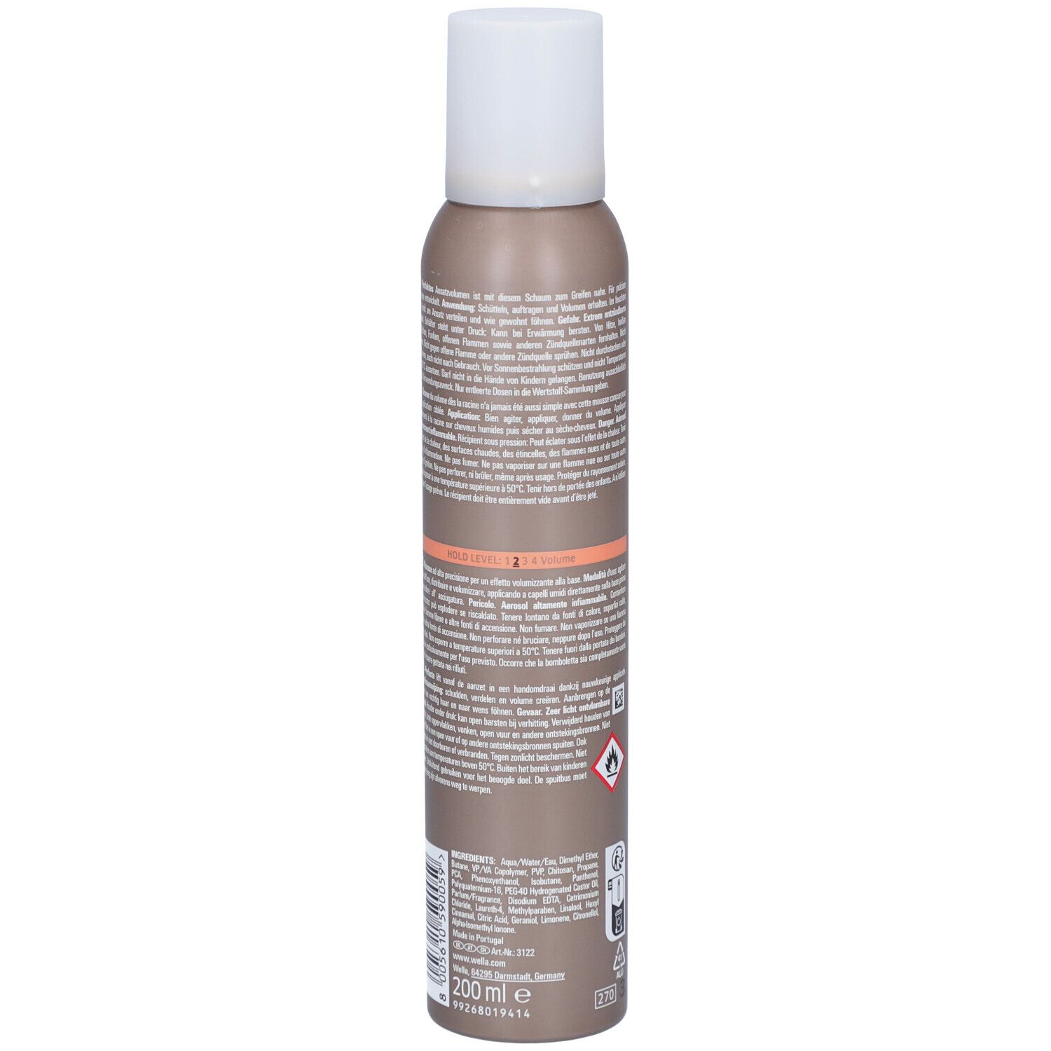 Braune Aerosoldose mit weißem Verschluss und schwarzem Text. Enthält 200 ml.